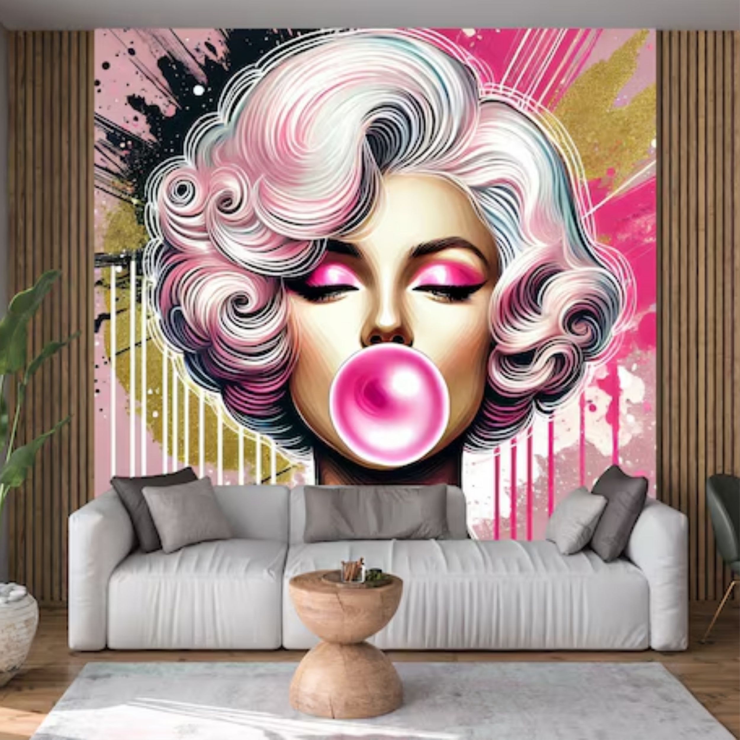An urban loft decorated with a bold graffiti wallpaper from the LuxeLayerWalls pop art collection.