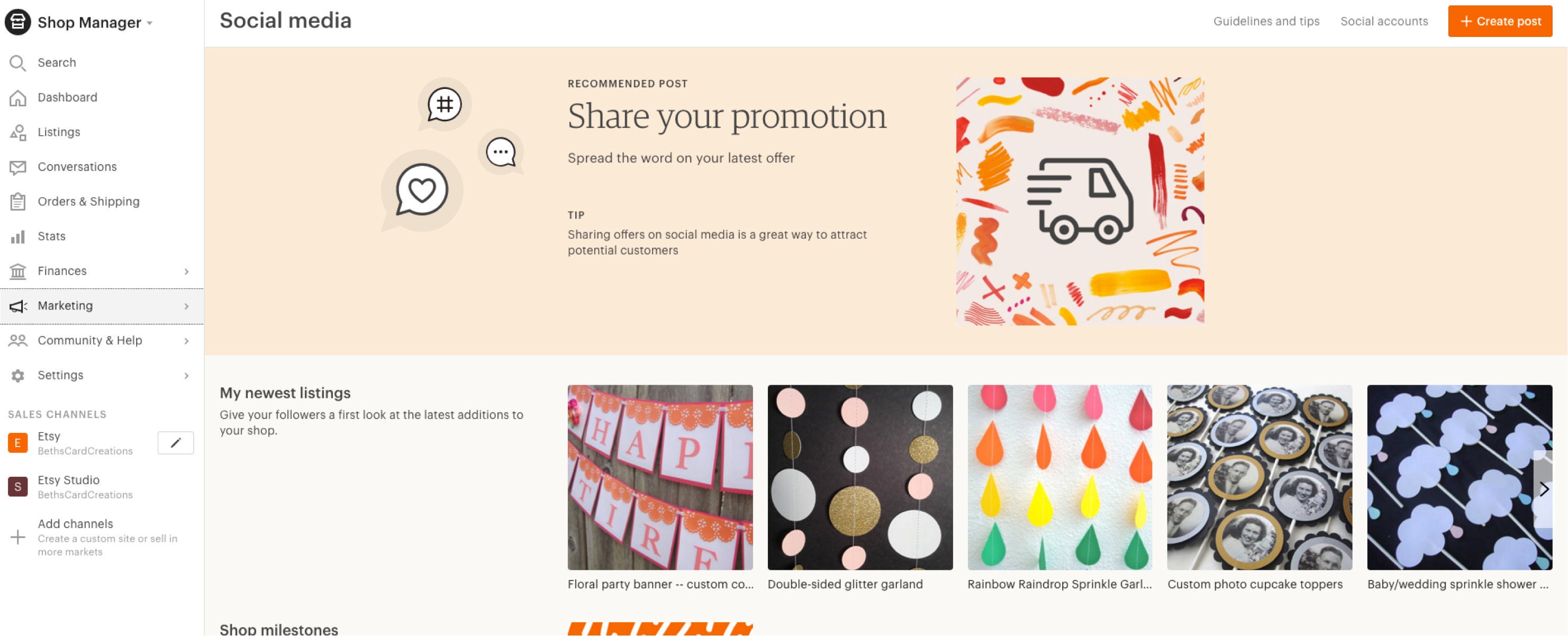 Shop manager social media menu on Etsy