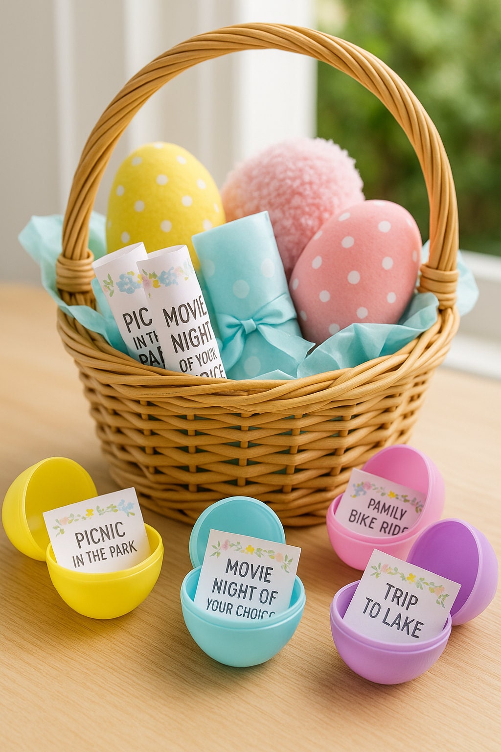 Plastic Easter eggs opened to reveal printable experience coupons like Picnic in the Park and Movie Night of Your Choice, arranged beside a filled Easter basket—perfect for trending non-candy Easter basket ideas with memory-making surprises