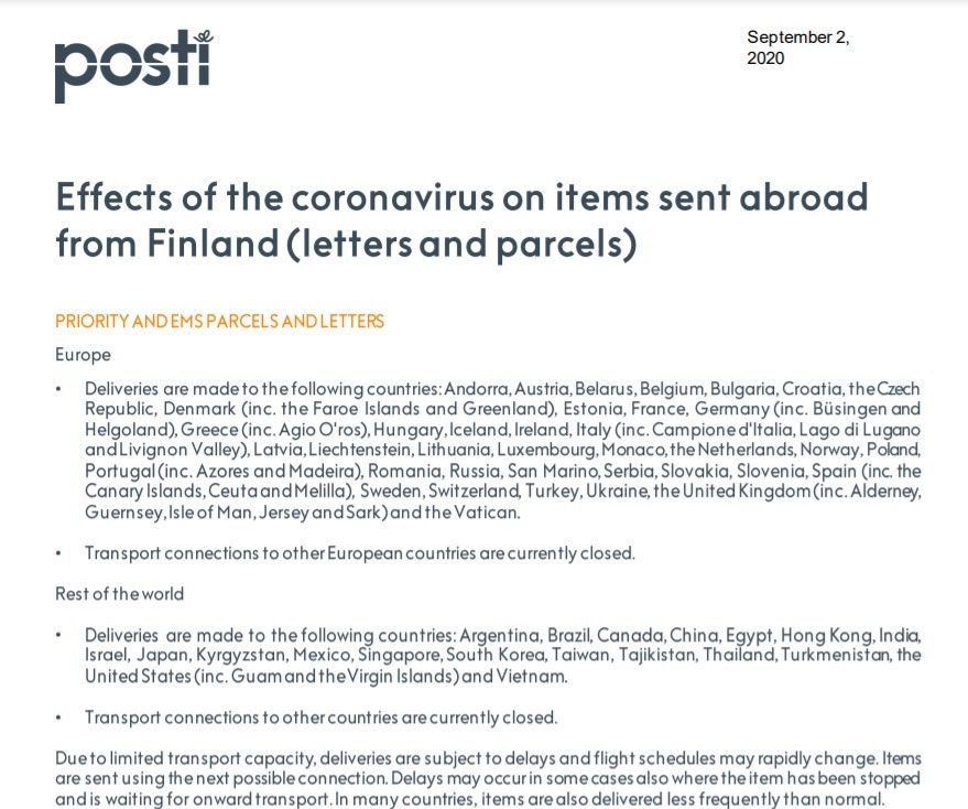 Effects of the Coronavirus on items sent abroad from Finland