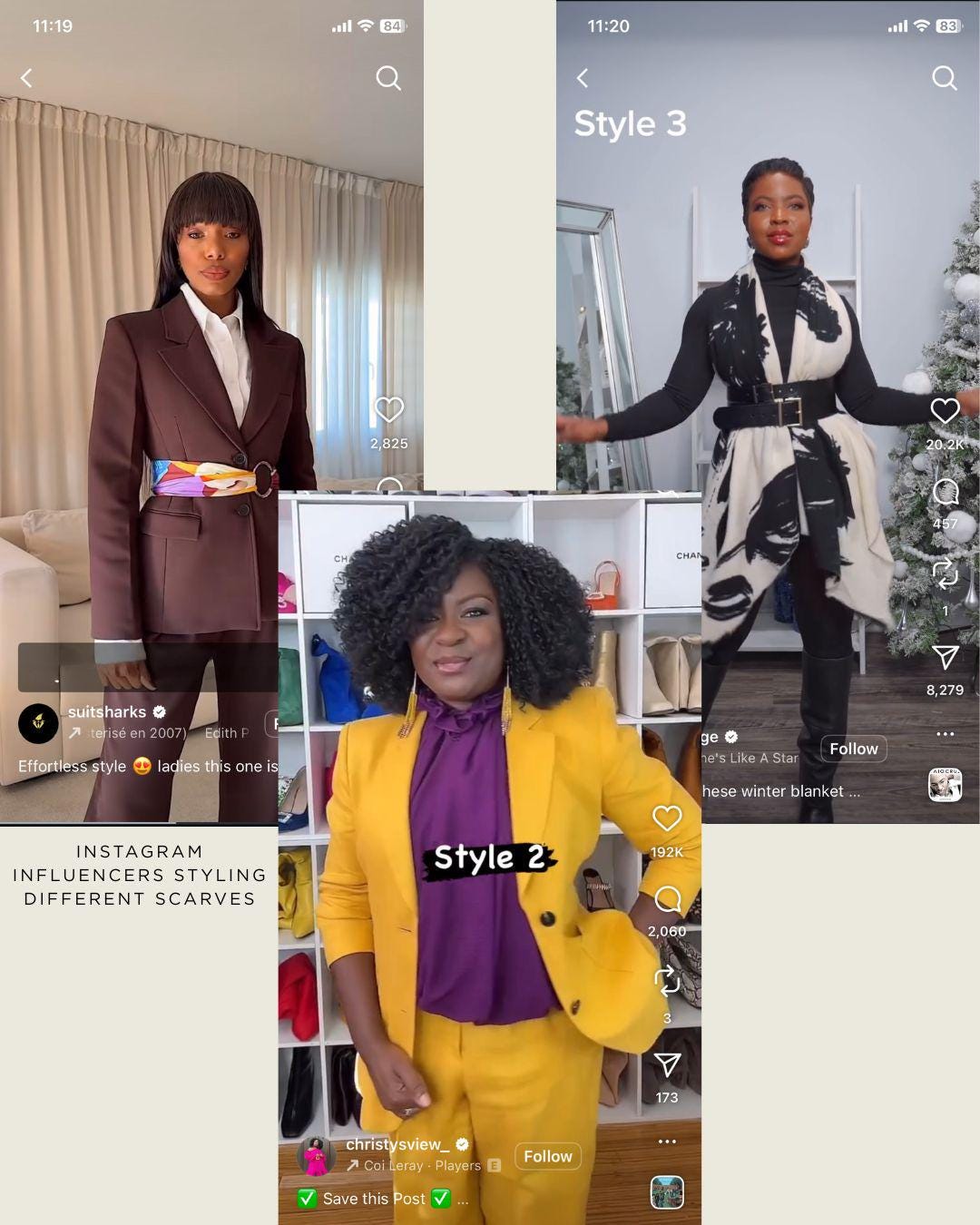 Three different woman styling scarves