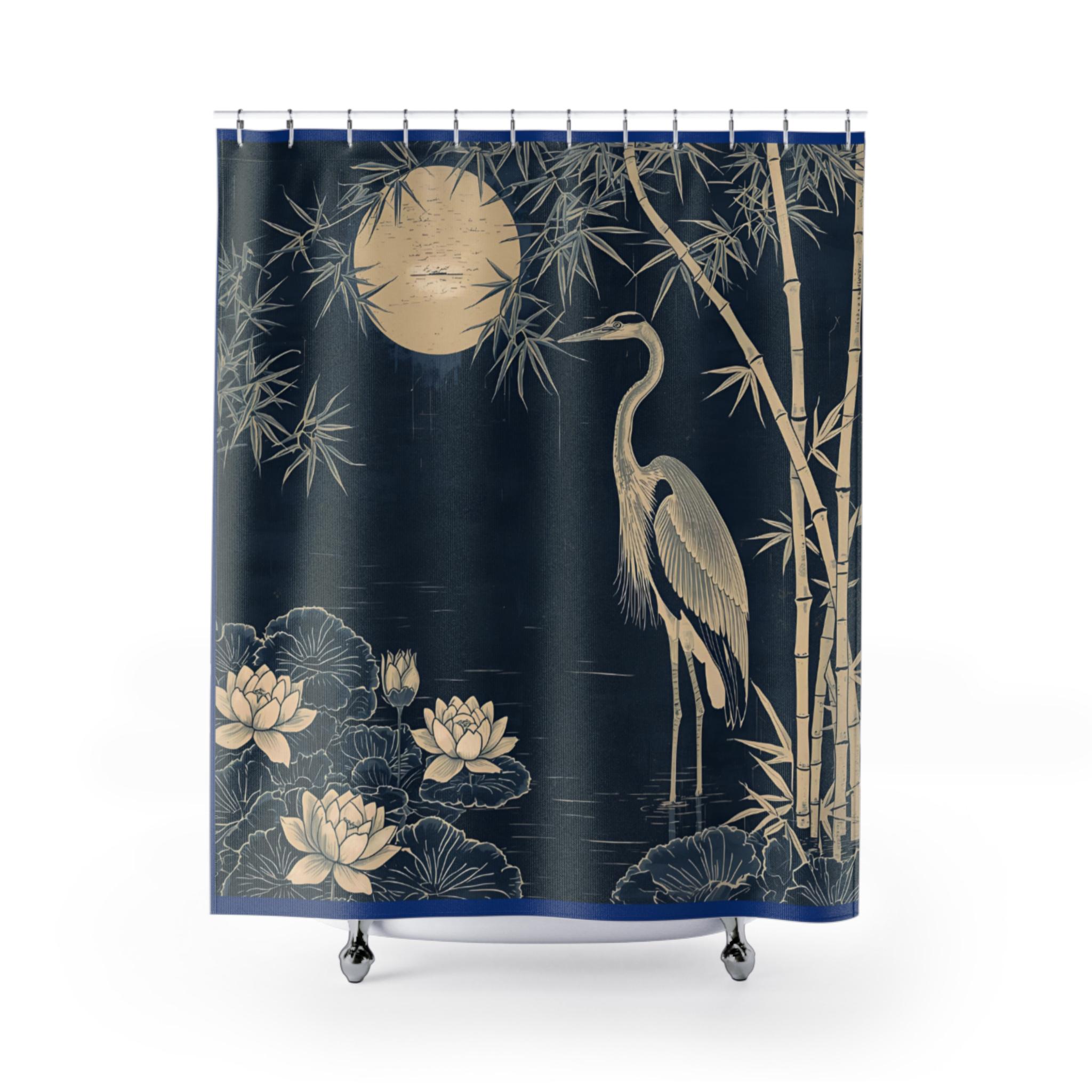 Classy Oriental shower curtain that makes my bathroom that feel like a hidden ryokan in Kyoto