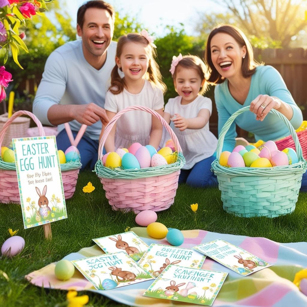 Parents setting up an egg hunt with signs, pastel baskets, and printable scavenger hunt cards