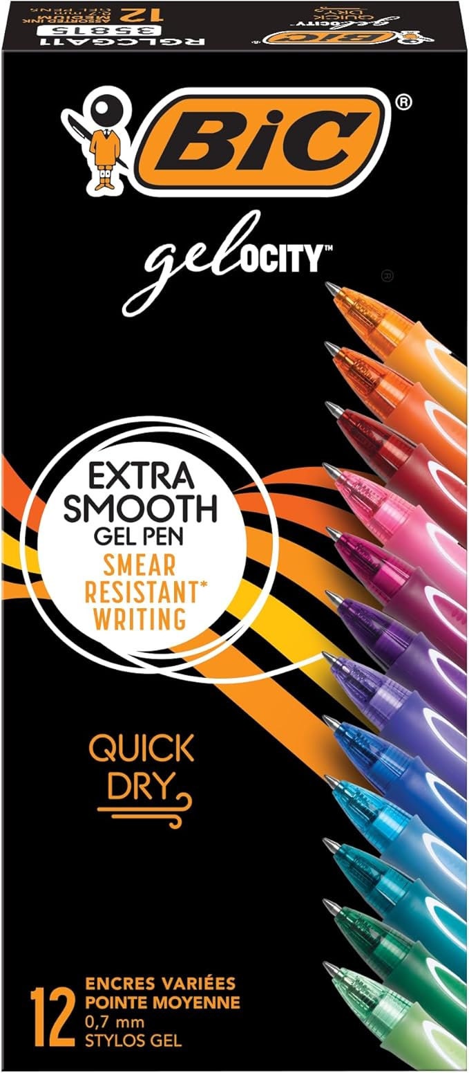 BIC Gelocity Quick Dry Assorted Colors Gel Pens, Medium Point (0.7mm), 12-Count Pack