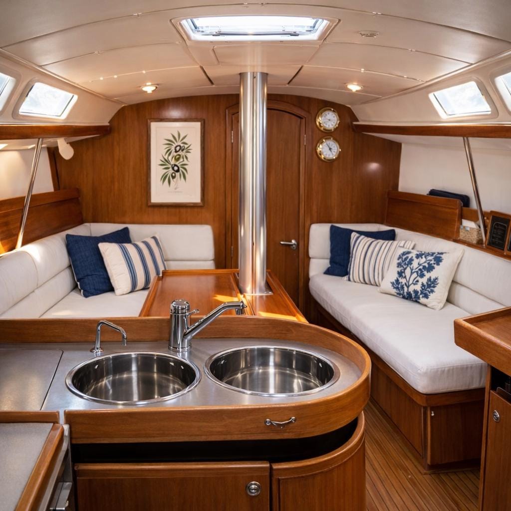 An olive Print is framed inside a sailing yacht lounge area