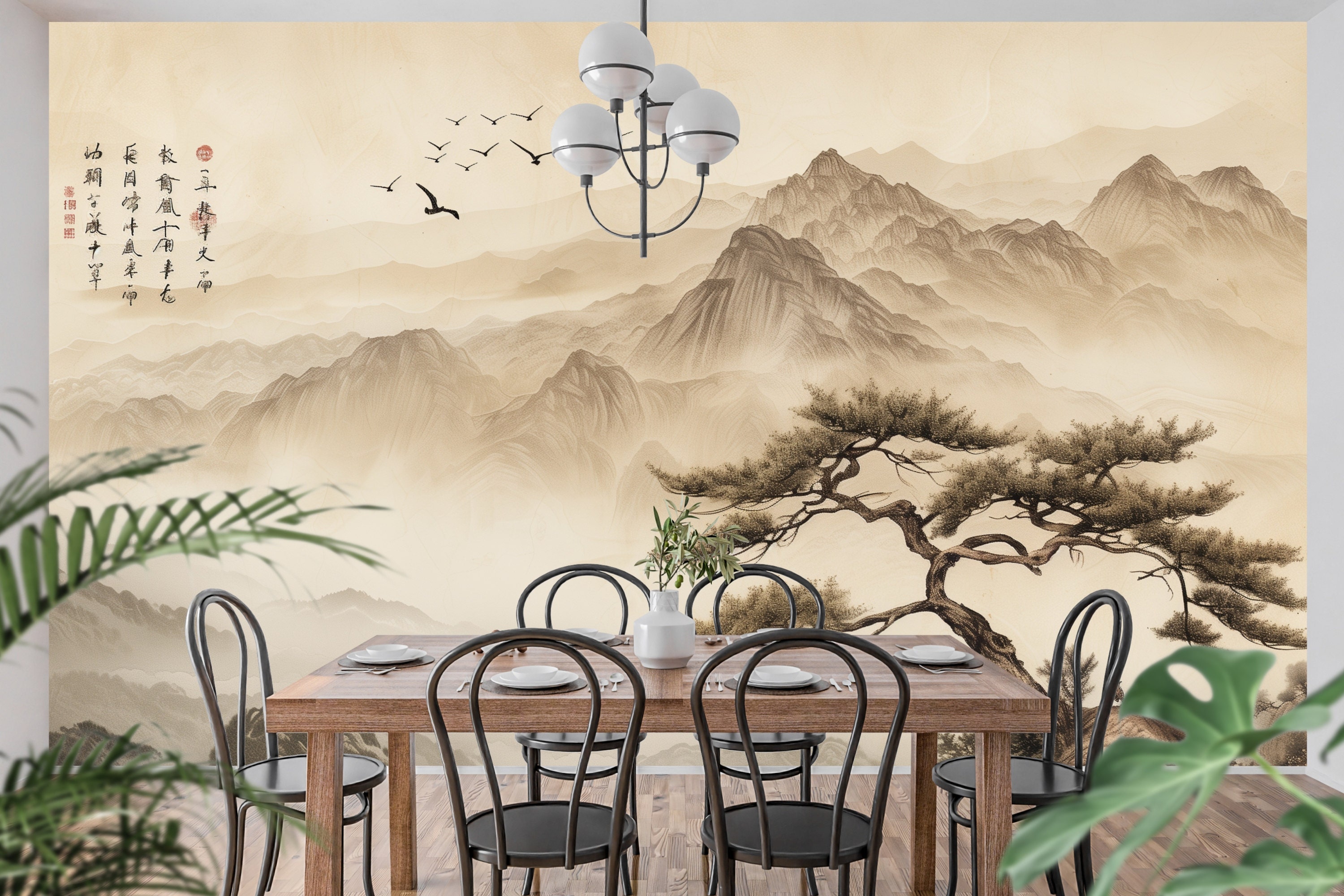 A calming home office or meditation room, with neutral tones and simple furniture.
