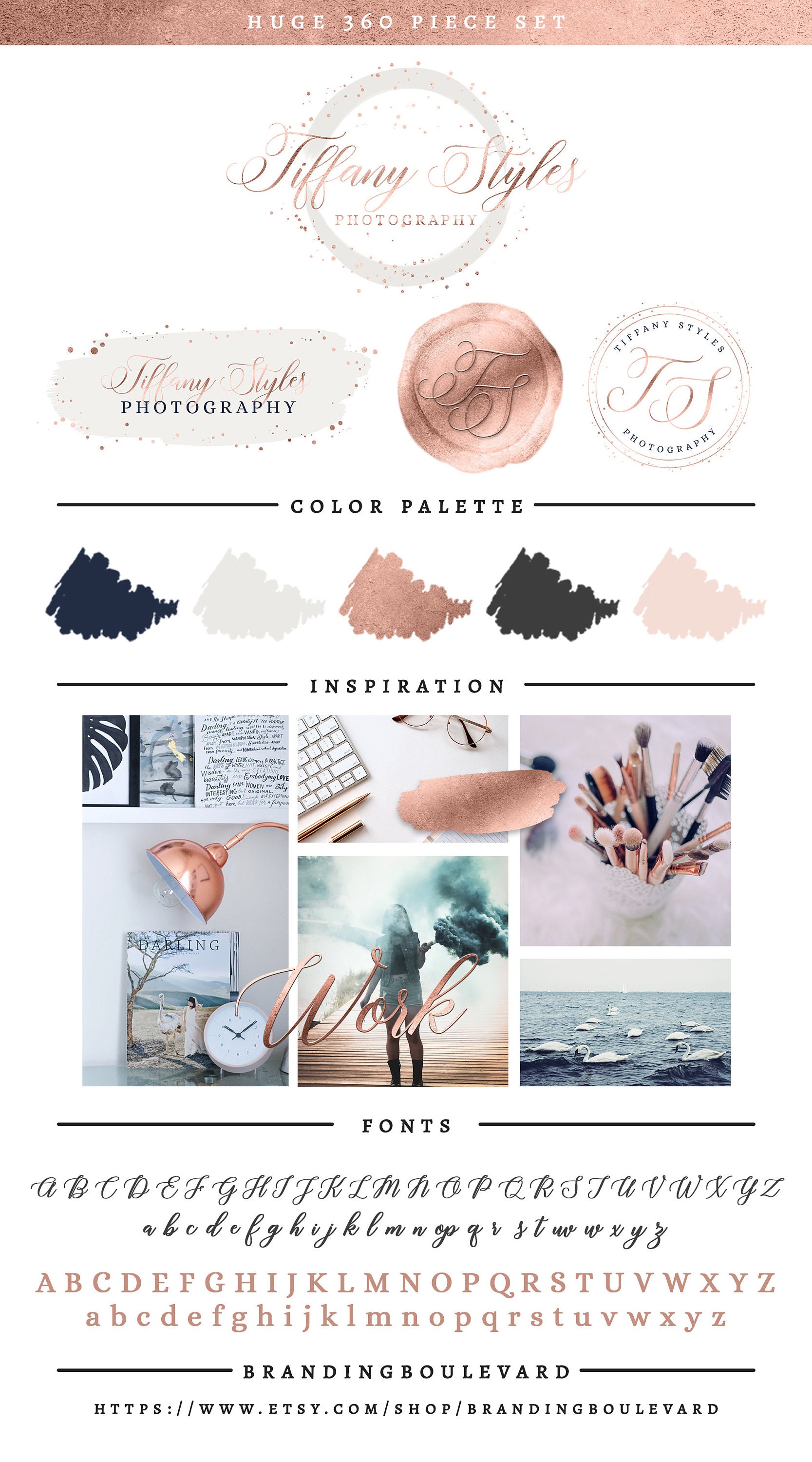 Rose Gold & Navy Blue Branding Package - Modern Brush Strokes, Wax Seal, & Brush Script Font