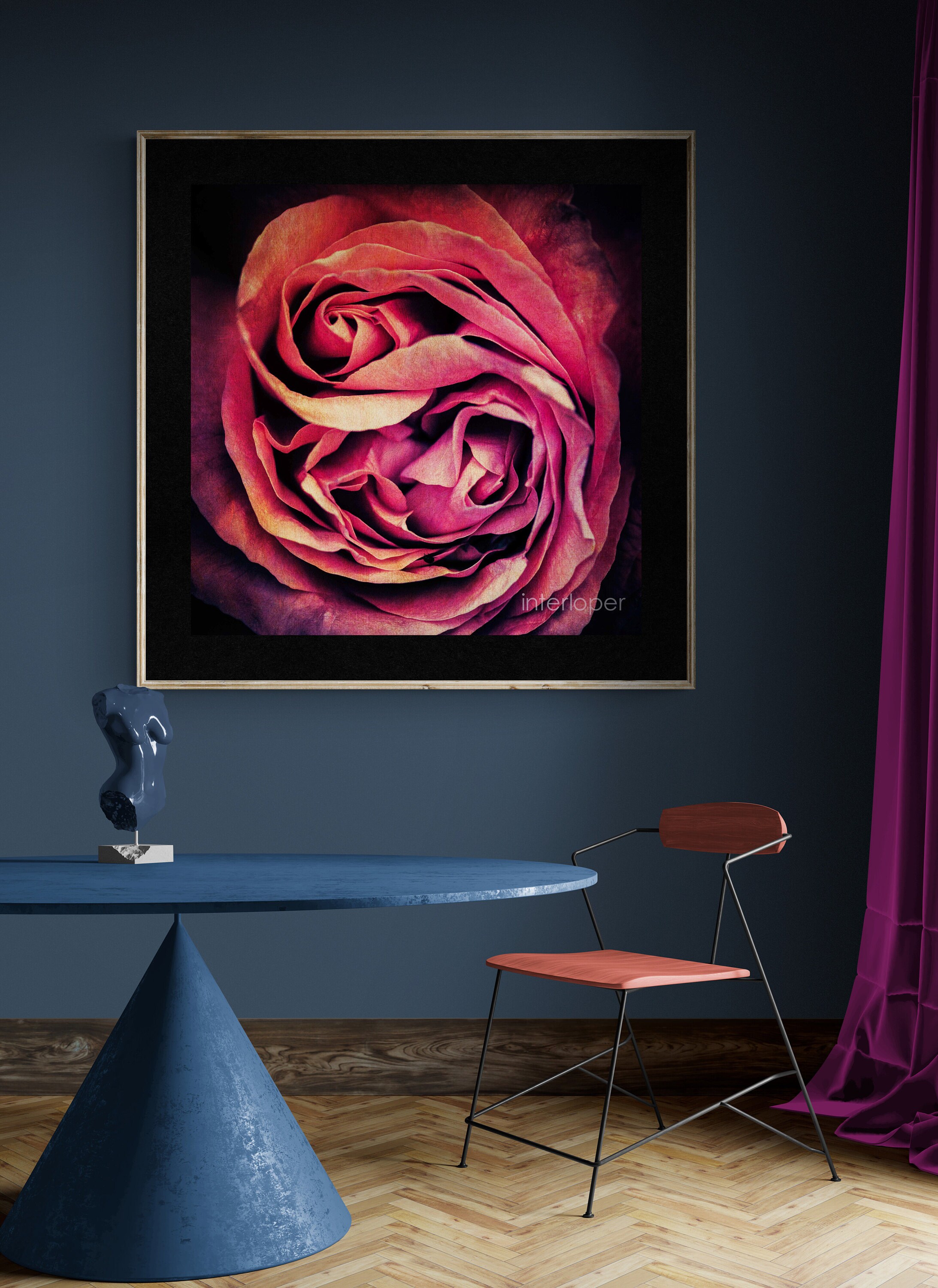 vintage rose floral fine art prints by deborah pendell in pink and orange with grunge textures