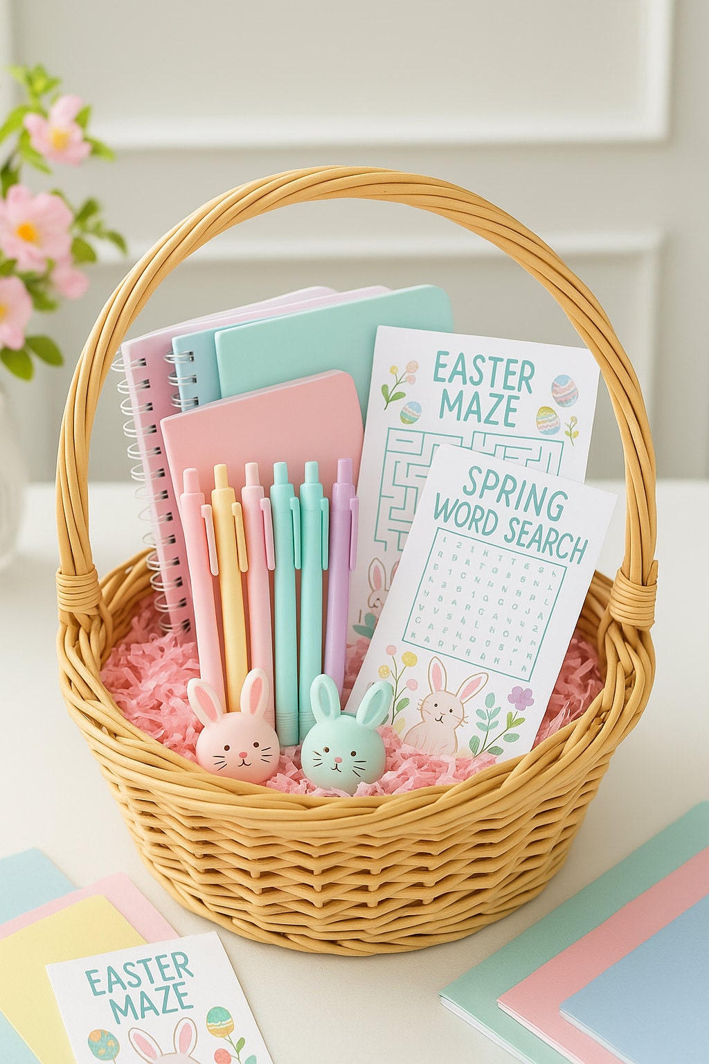 Easter basket filled with pastel school supplies including notebooks, bunny-shaped erasers, colorful pens, and printable Easter worksheets—perfect for candy-free Easter basket ideas for kids