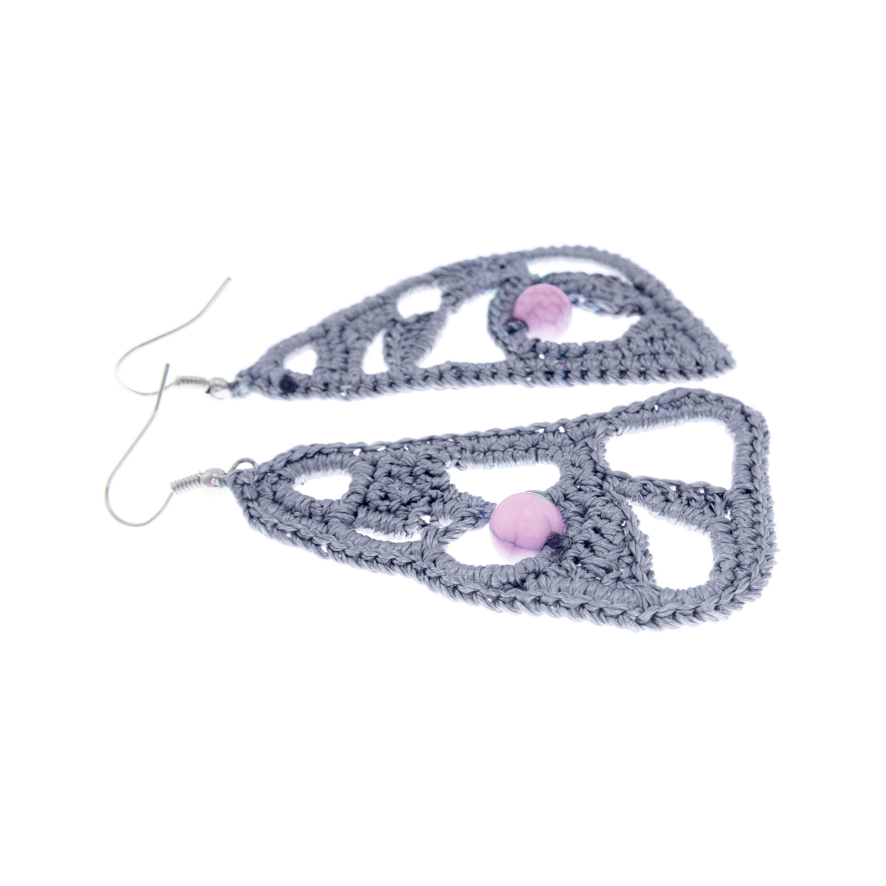 handmade lace earrings for a wedding with grey freeform triangles and pale pink bead