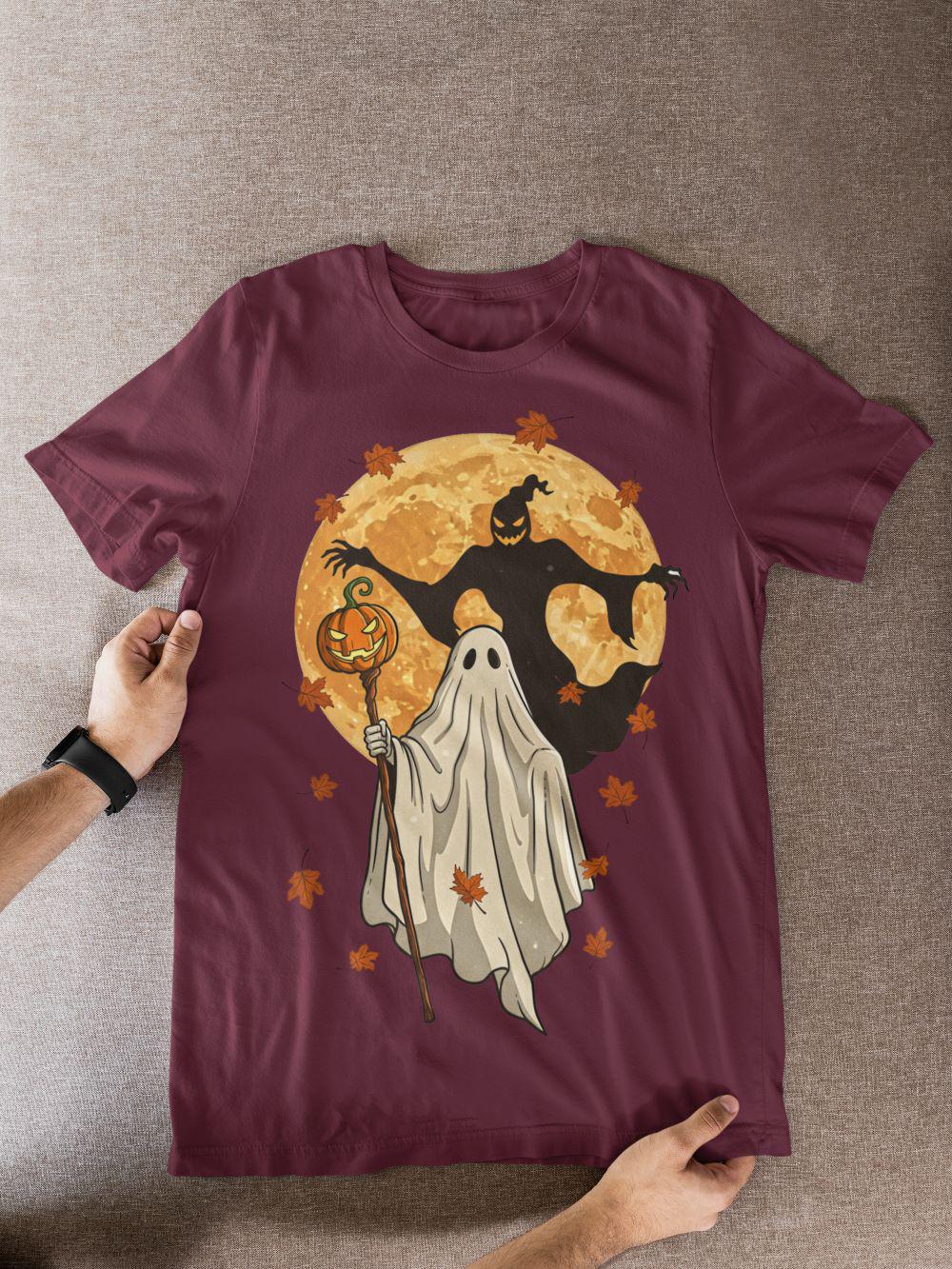 Spooky-cute Halloween graphic—sheet ghost with pumpkin staff under a harvest full moon, looming shadow and falling autumn leaves.