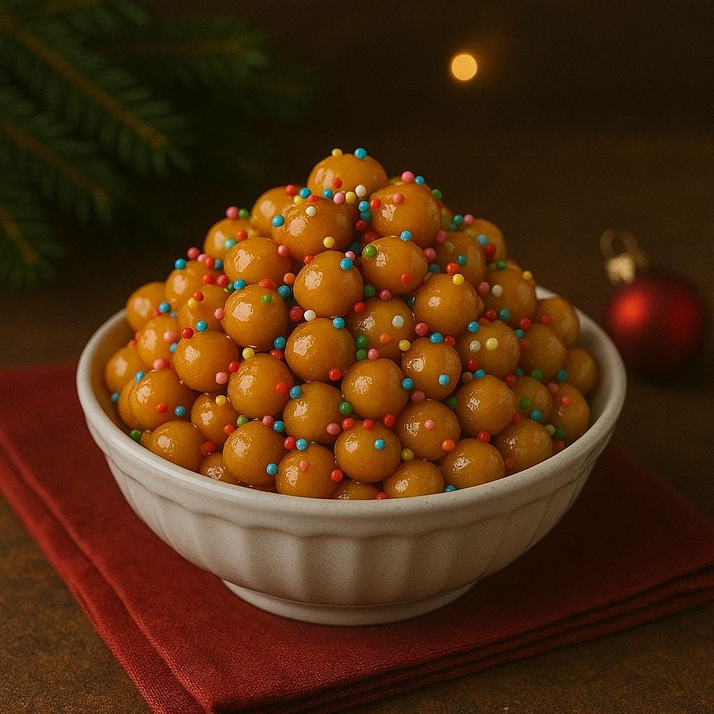 Struffoli – Bolinhas fritas com mel e confeitos coloridos, típicas de Nápoles.