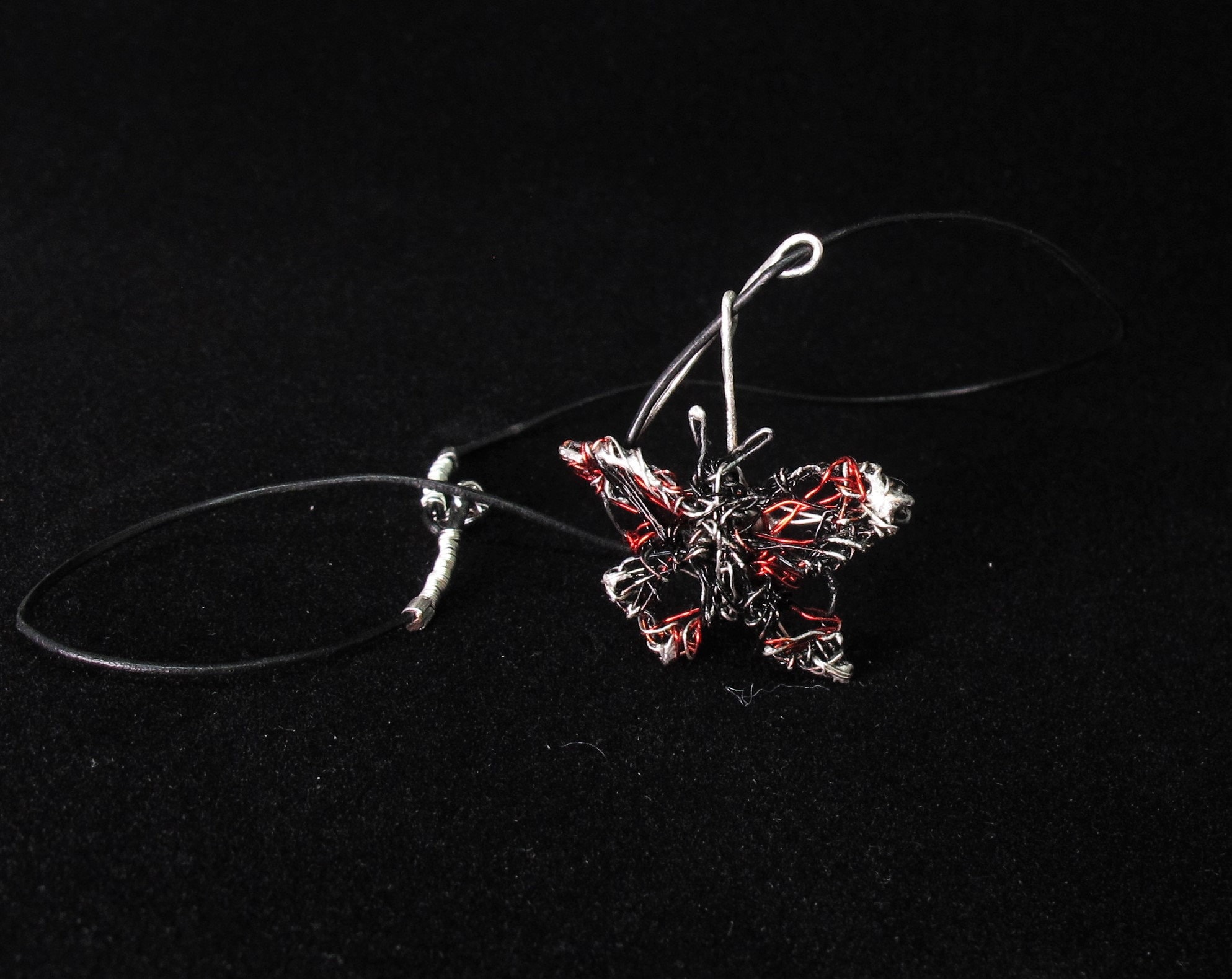 art jewelry, wire sculptures, red black butterfly wings