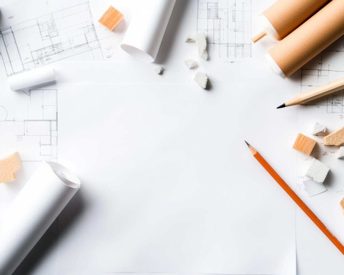 Architect’s desk with Nordic house plan blueprints, drafting tools, and pencils