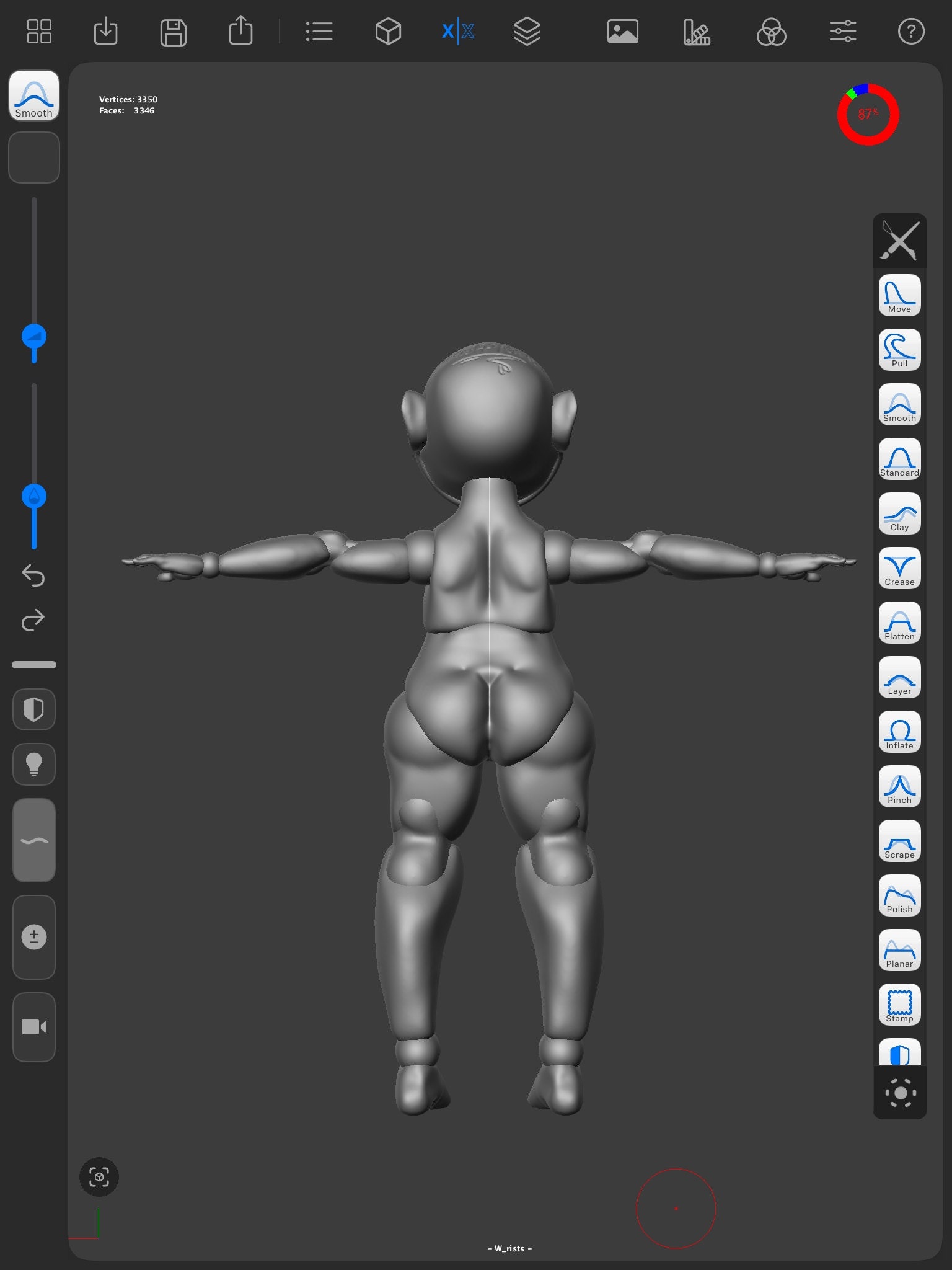 Image of a 3D modeled ball jointed doll in grayscale positioned from the back.