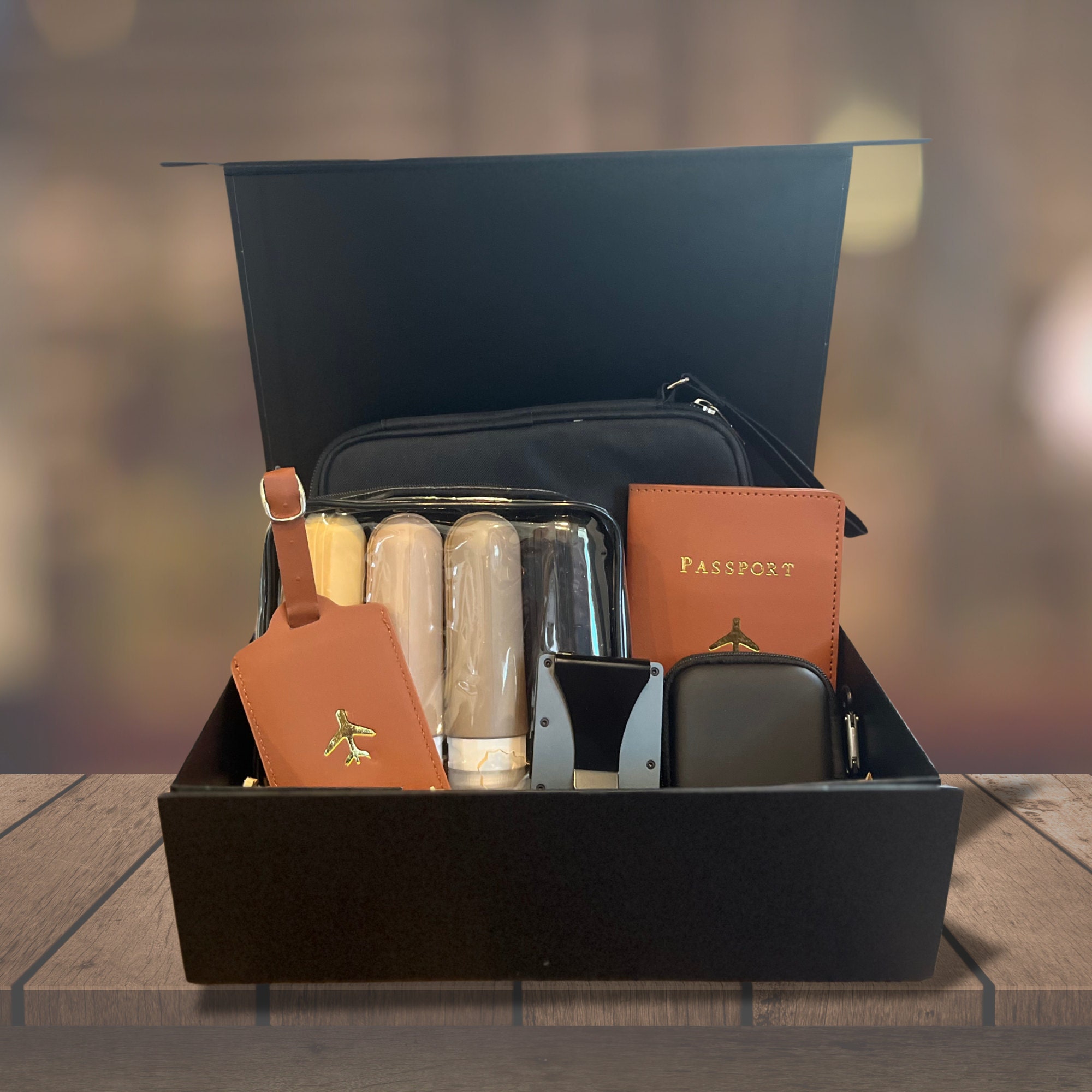 Black travel gift box with passport cover, luggage tag
