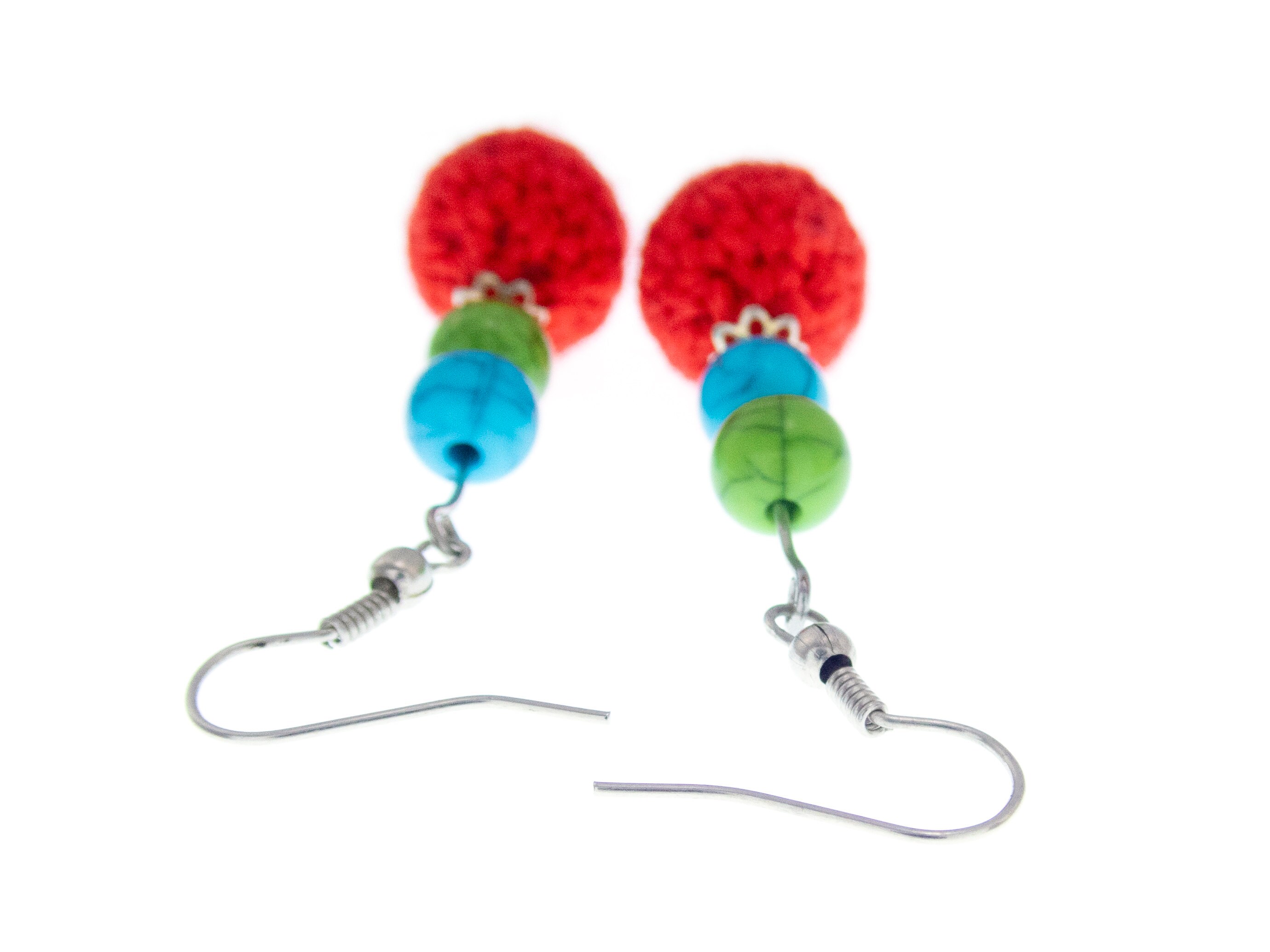 fashion statement earrings handmade of red, green, blue dangling balls