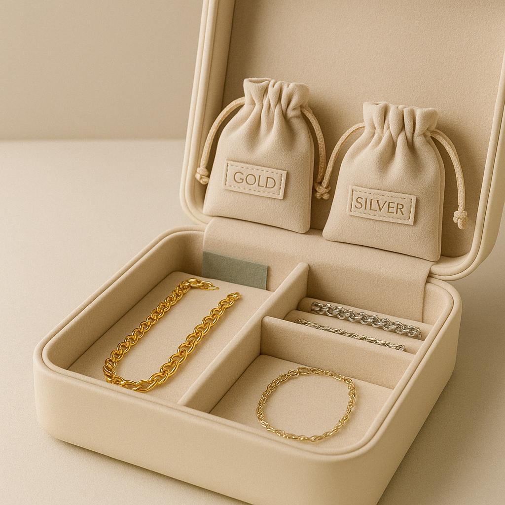 Cream‑colored jewelry box with separate ‘GOLD’ and ‘SILVER’ pouches, anti‑tarnish strip, and neatly stored chains.