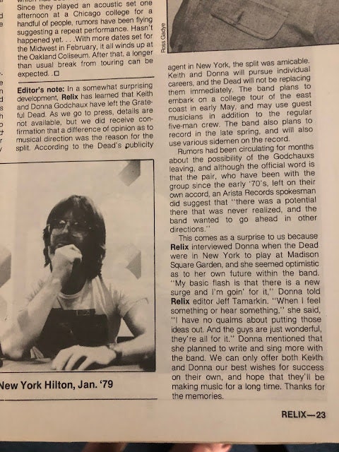 40 Years Ago this month, Keith and Donna Godchaux played their last ever show with the Grateful Dead. Their nearly eight run with the band encompassed the golden era of the band, about half in the one drummer Monster years of 1972-1974 and the marvelous 1976-1977 run as well. But towards the end, the magic was escaping and off-campus activity was increasing (see Fire in the Motel night) . Obviously New Years 1978 was magic, but towards the end we the fans were not feeling it as much Utica, January 14, 1979). But as Mike Dolgushkin says above, this show shined, despite the move to the much larger Oakland Coliseum (foreshadowing the era of stadium Dead to come in the late 1980s). this is a top shelf show (ranked third for the year in Deadbase 11).