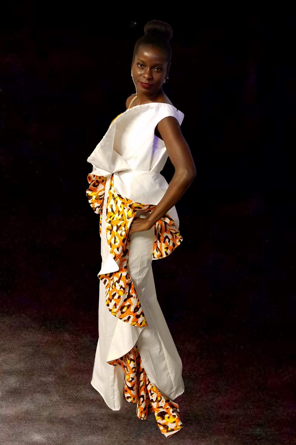 Sateen gown with ruffled African print detail by Kuwaha