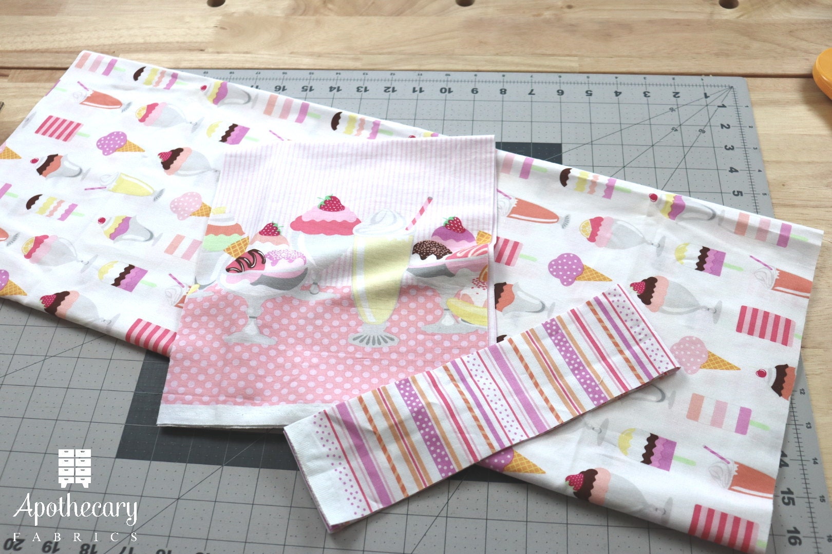 Three pieces of fabric cut to size for the Perfect Pillowcase tutorial.