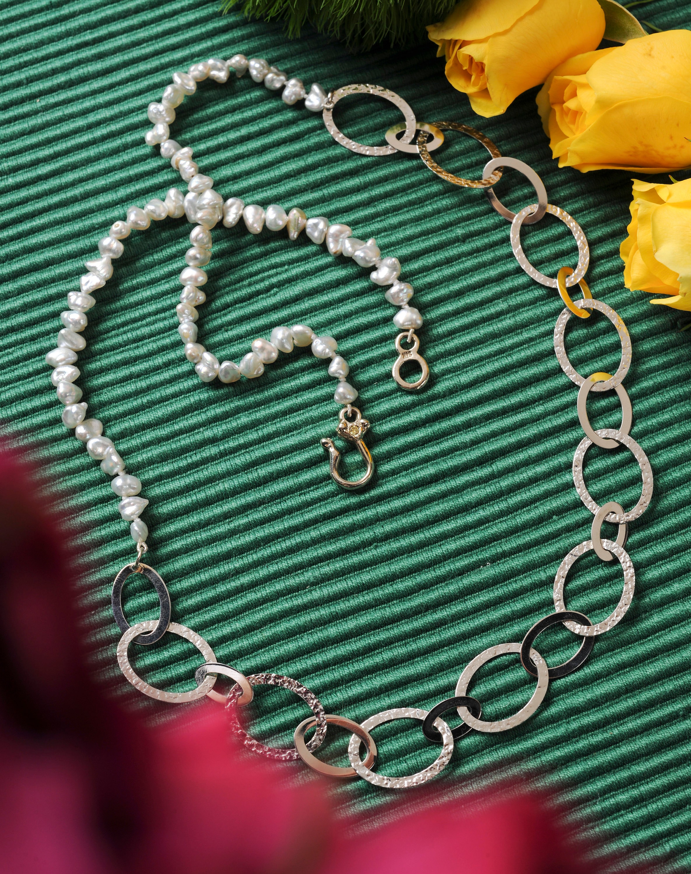 Pearl and 14k White Gold Necklace, Keshi Pearls, Handmade 14k white gold and diamond clasp