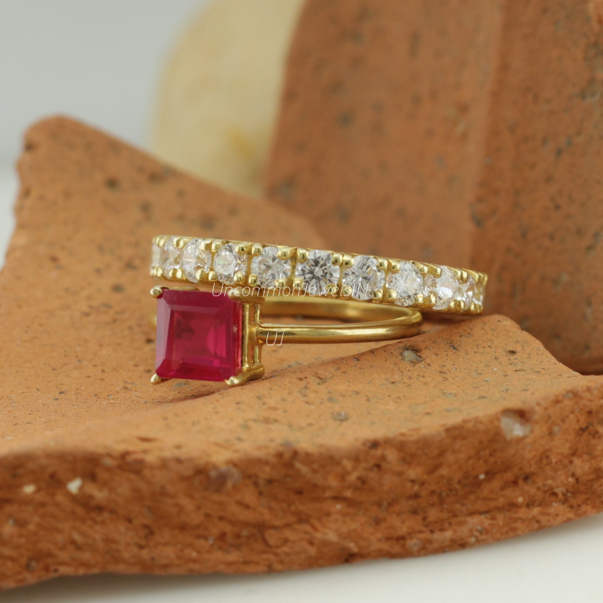 Ruby Diamond Ring Set, Lab Diamond Eternity Band, Princess cut Ruby Ring, Wedding Diamond Ring Set, UncommonJewelsIN, Independence Day Sale