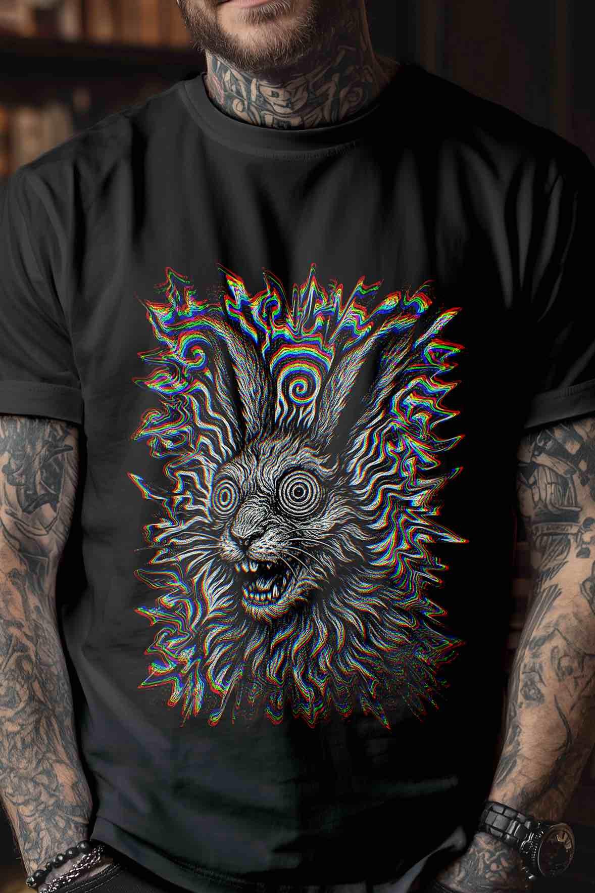 Black T-Shirt mockup (on-model): Unisex black graphic tee with a large psychedelic rabbit print—spiral eyes, chromatic waves—styled for ravers, DJs, and alt streetwear; center-chest placement.