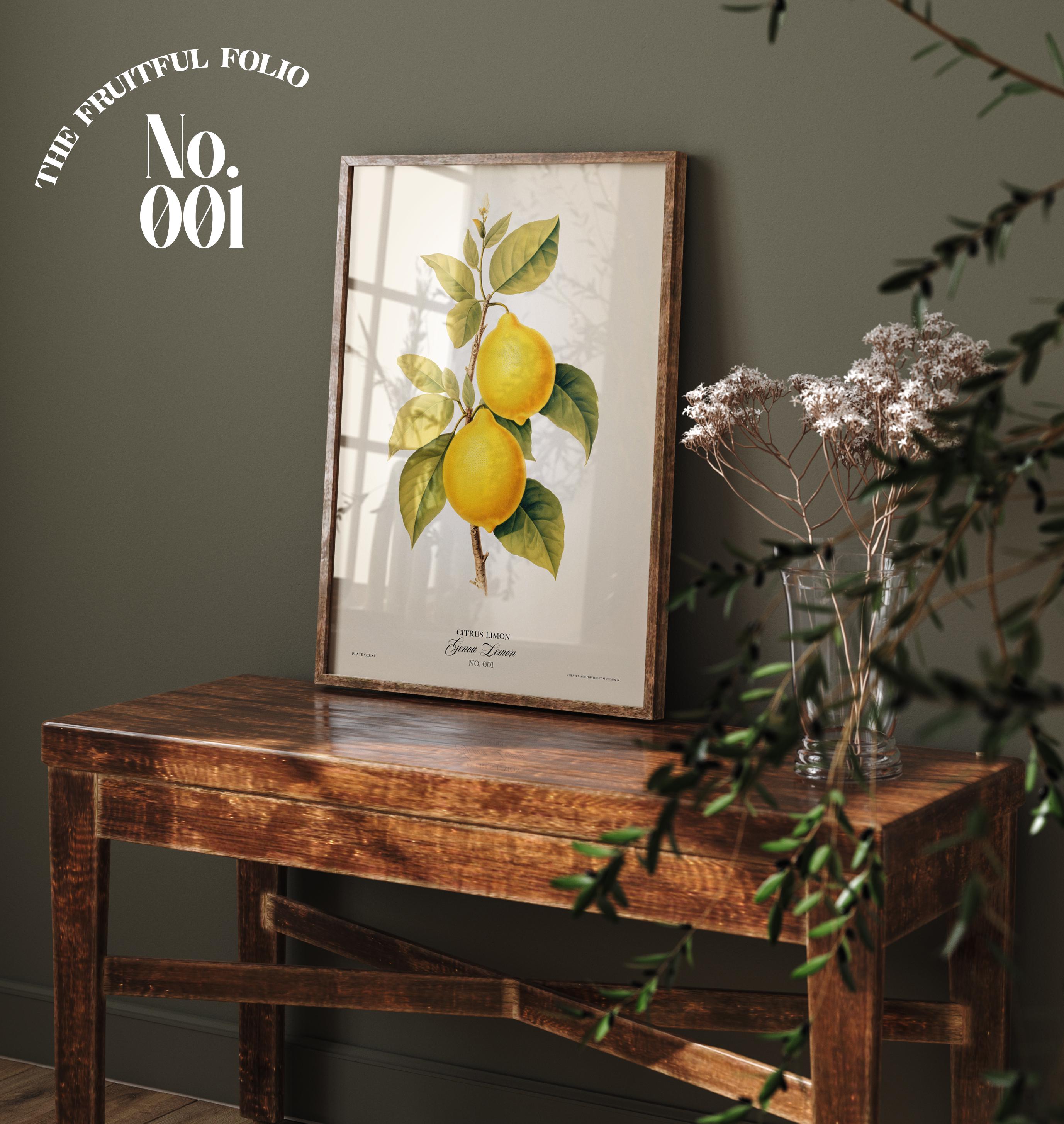 A Vintage Lemon Art print framed, resting on a table