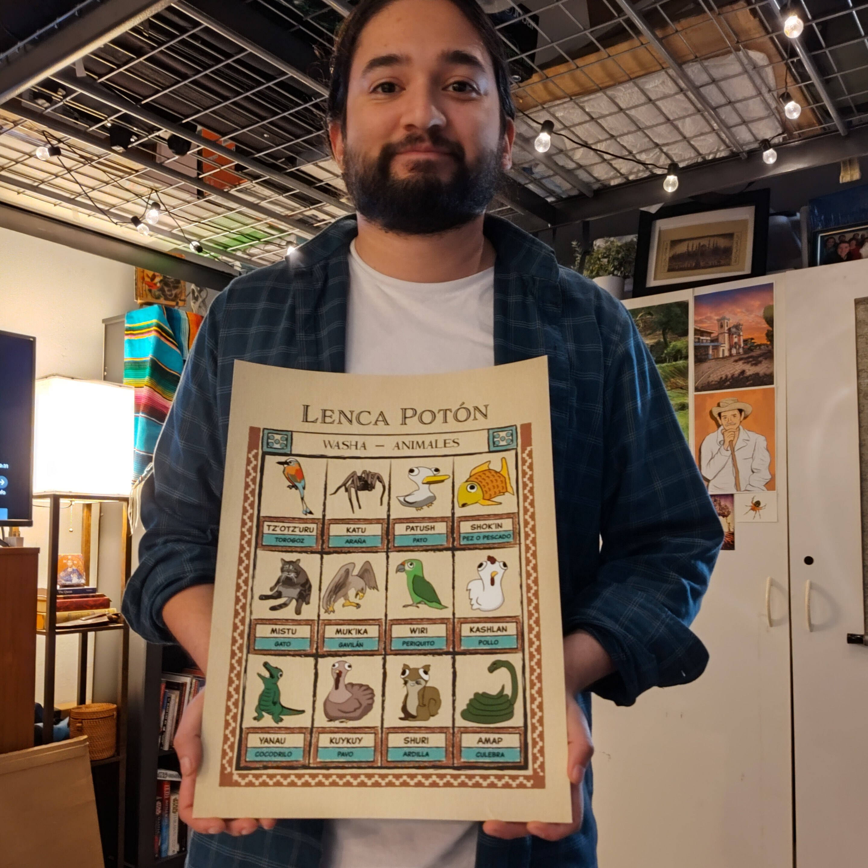 The artist and his design of Animals with Spanish and Lenca names for them