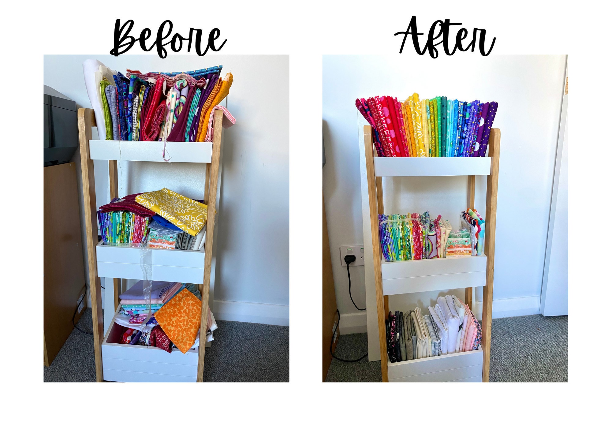 Photos of my own quilting fabric stash, before I organised it and after it has been tidied up and arranged into a pretty rainbow.
