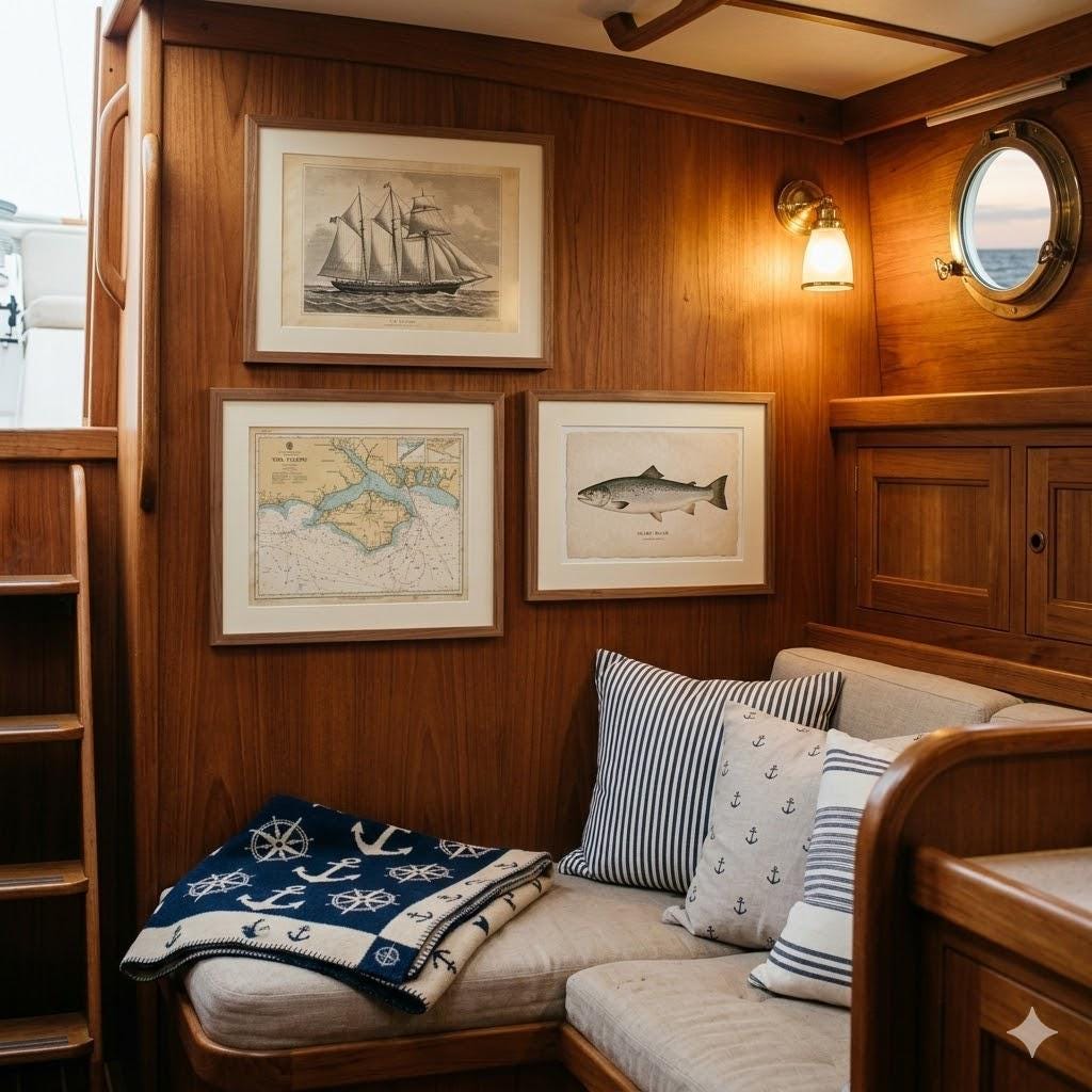 A cozy seating corner inside a yacht cabin with rich teak wood walls and a small gallery of framed maritime artwork, including a sailing ship, a coastal chart, and a fish illustration. A bench seat is styled with striped pillows and a navy blue anchor-patterned blanket, all softly illuminated by a brass wall sconce next to a small porthole.