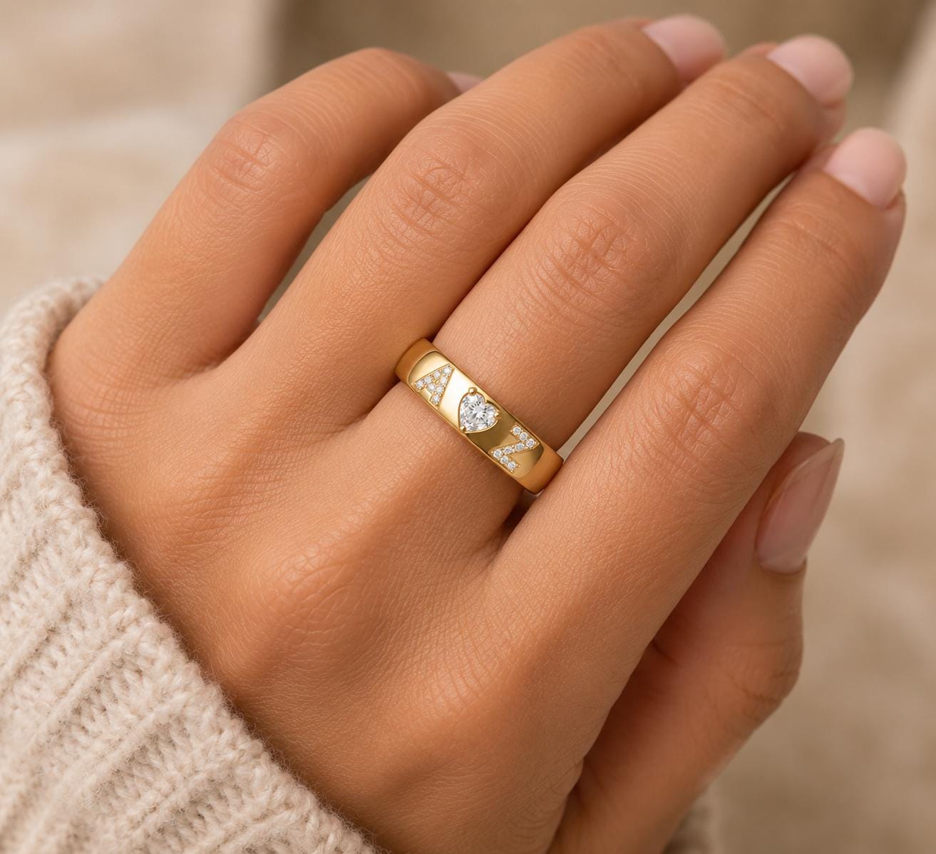 Personalized Couple Initial Ring in Solid 14K Gold featuring custom A and Z letters with sparkling lab grown diamonds and a heart shaped center diamond. Handmade custom name ring for couples, anniversary gift, wedding band, promise ring, personalized fine jewelry, romantic gift for wife, husband or girlfriend, available with any initials A to Z.