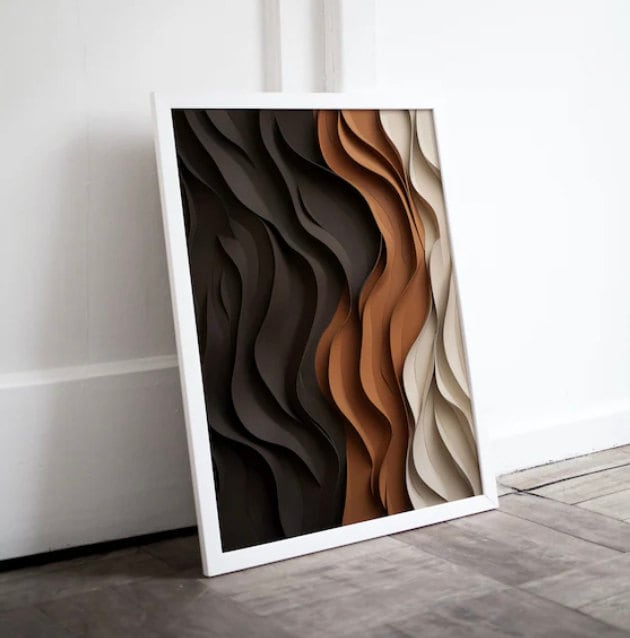 earthy tones vertical abstract painting in a white frame