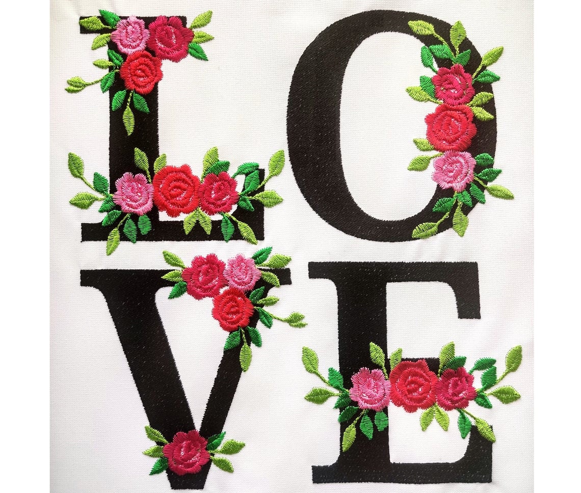 roses floral font embroidery