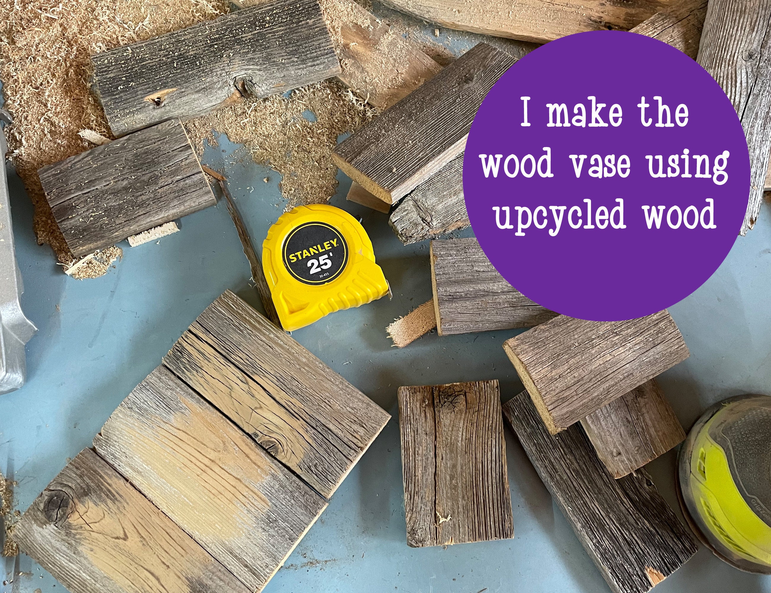 This image shows short pieces of old fencing on my work table, previous to being made into a box