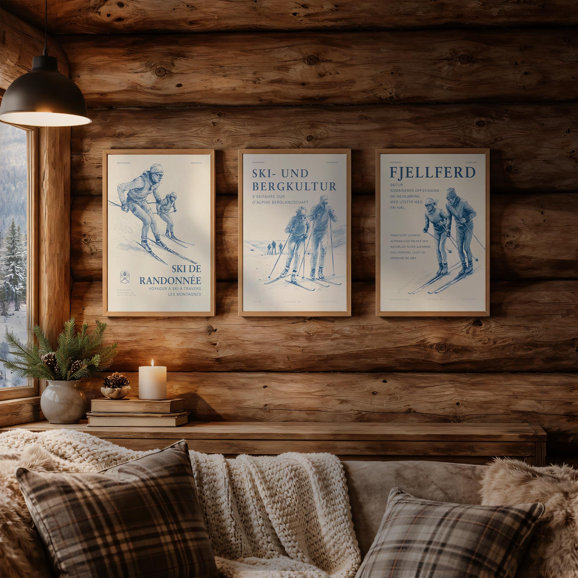 A Set of three Ski prints in a ski lodge or chalet