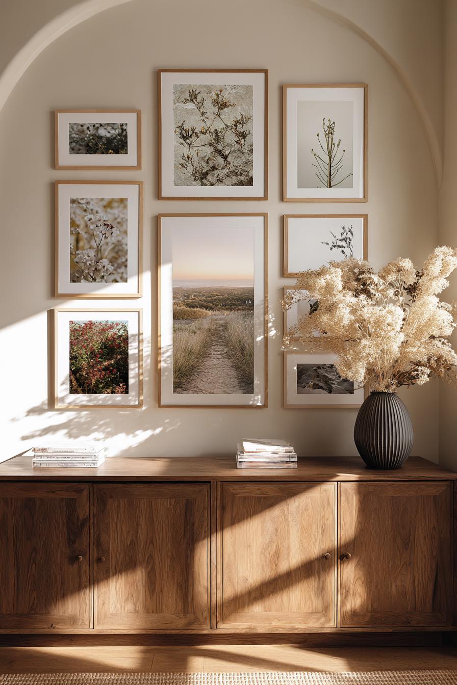 A gallery wall in a moder mid century feeling living room