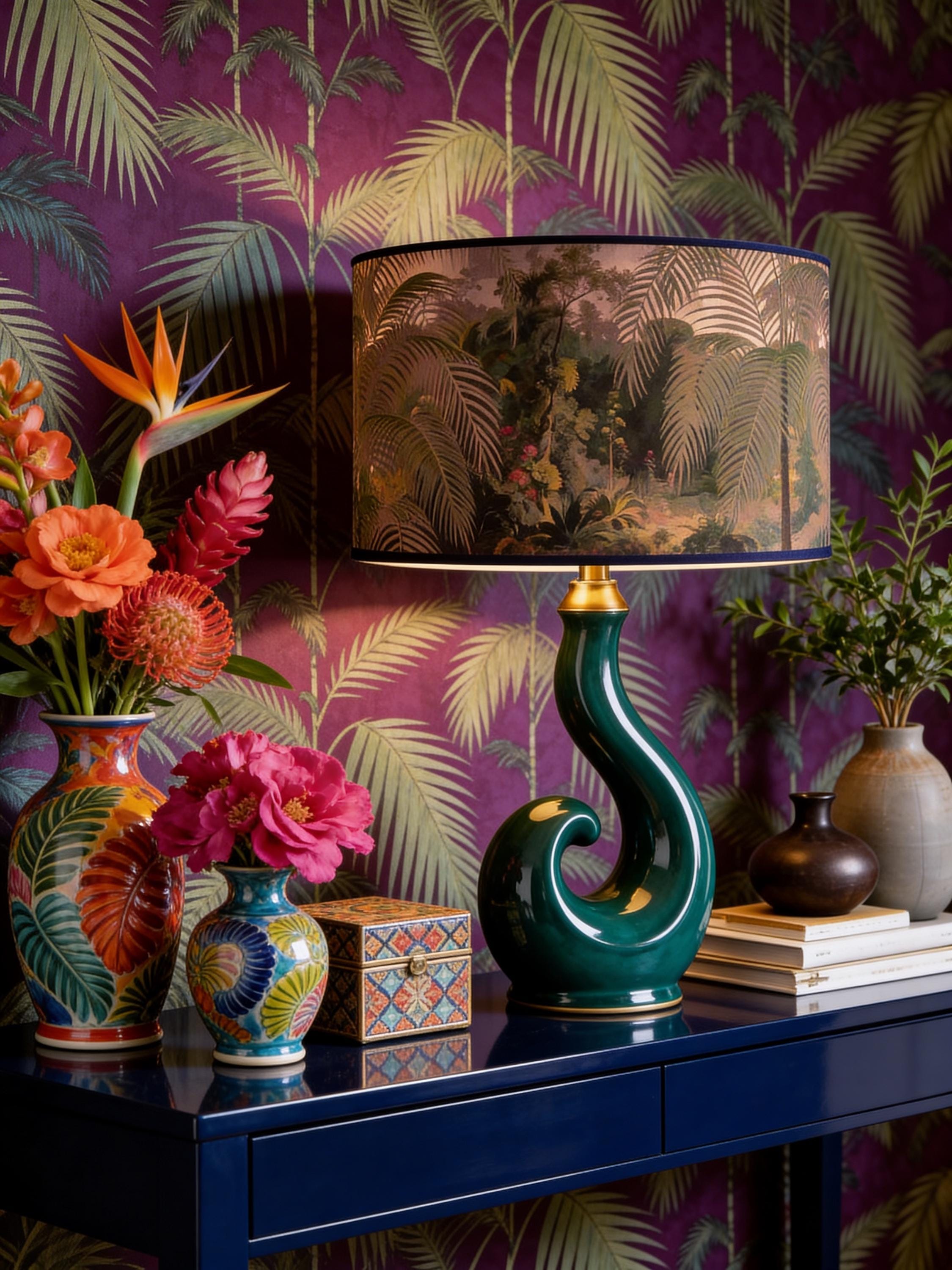 Abat-jour imprimé jungle tropical doré sur lampe céramique verte sculptée, décor maximalist avec papier peint palmiers violet et fleurs exotiques