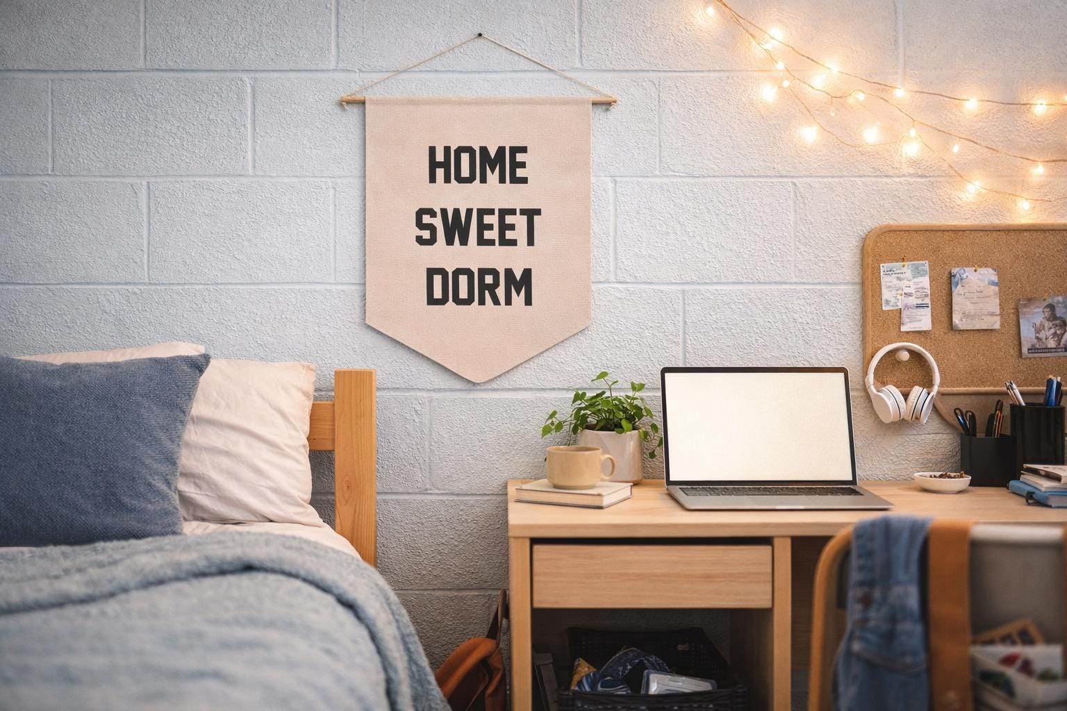 A cozy college dorm room with a white cinder block wall. A cream felt pennant banner reading HOME SWEET DORM in bold black letters hangs from a wooden dowel with string lights draped across the wall. Below the banner sits a light wood desk with an open laptop displaying a blank white screen, a small potted plant, and a ceramic mug resting on a book. A cork bulletin board with pinned photos and a pair of white headphones hangs on the right. Desk organizers with pens and a small bowl sit nearby. To the left, a twin bed with blue and gray bedding and pillows is partially visible, with a backpack tucked underneath.