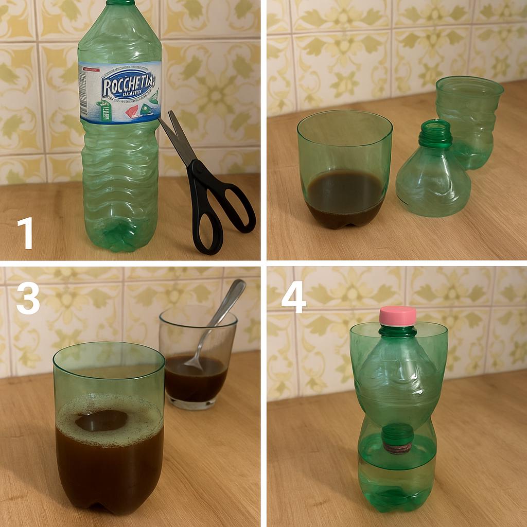 Armadilha para mosquitos • Corte ao meio, inverta o bico para dentro da base. • Coloque água com açúcar e fermento.