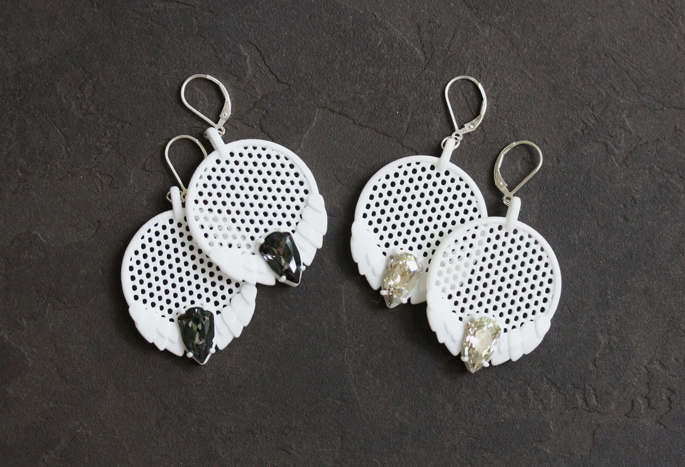 3D Printed White Earrings with Swarovski Crystals