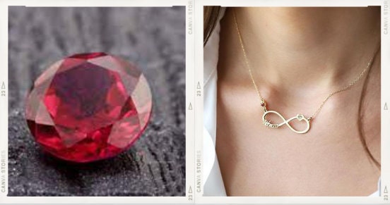 Infinity Name Plate Birthstone Necklace with Ruby by NecklaceDreamWorld