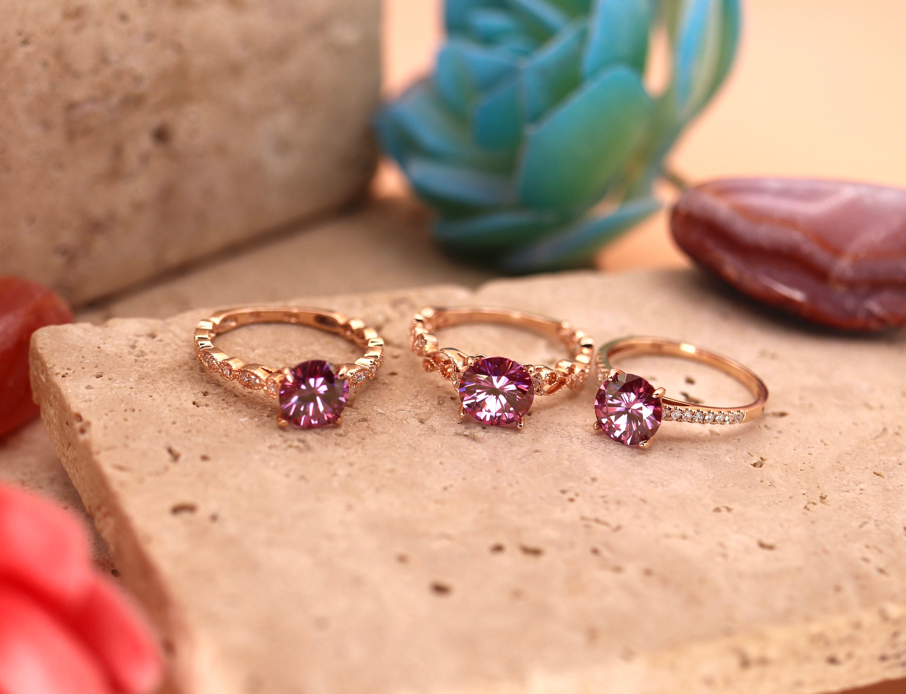 Purple moissanite rose gold ring with diamond paved vintage band