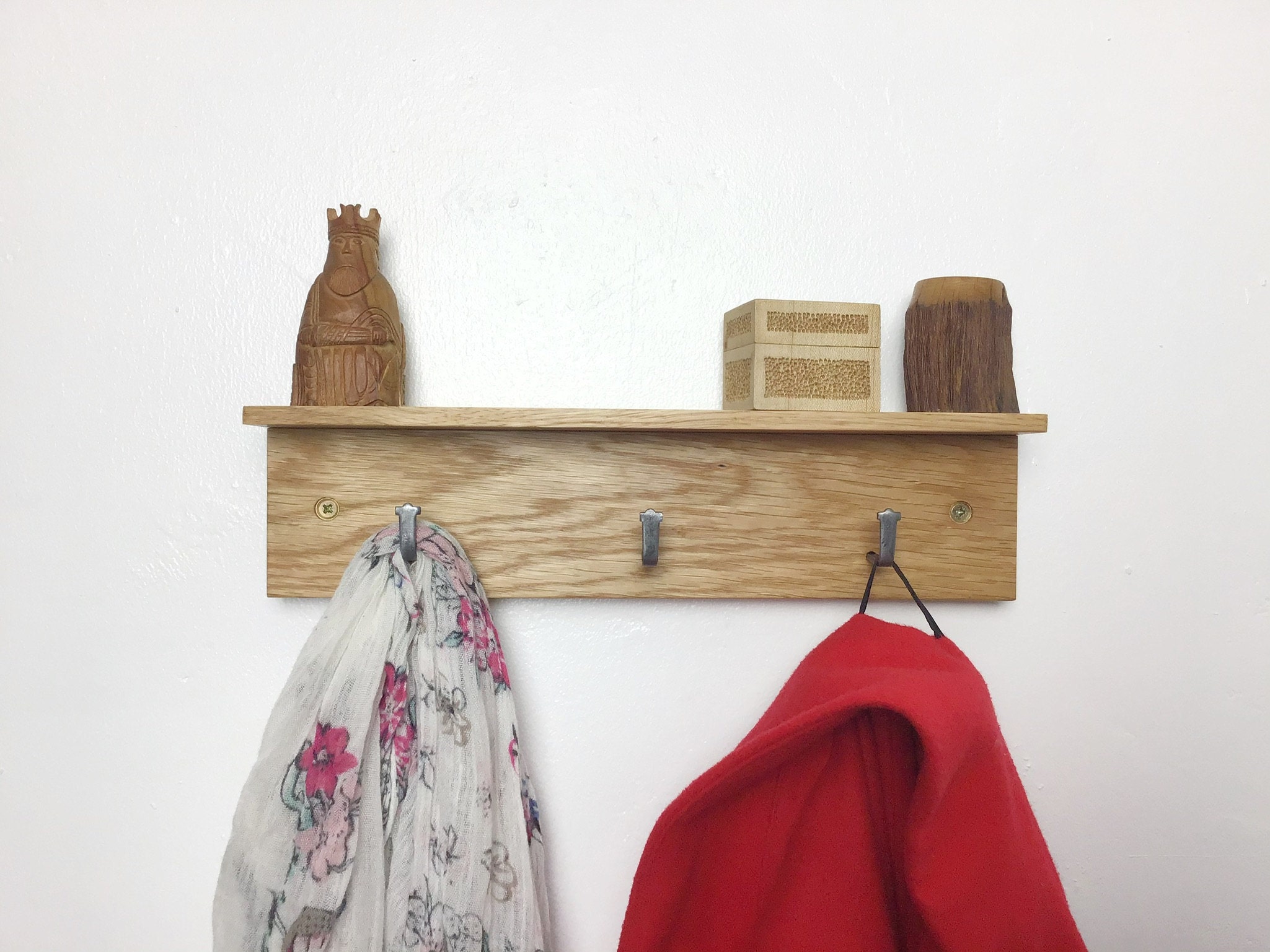 solid Oak wood 3 hook Coat Rack 33cm wide - gorlech UK