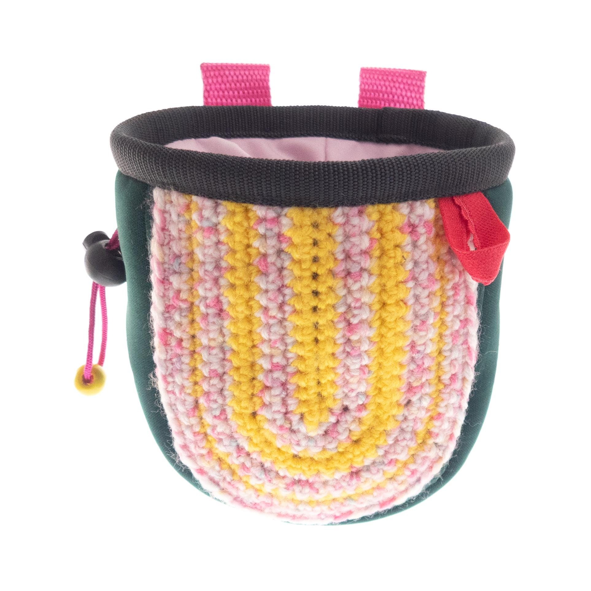 Unique one-of-a-kind hand knit chalk bag in bold striped design, ideal gift for bouldering and rock climbing enthusiasts.