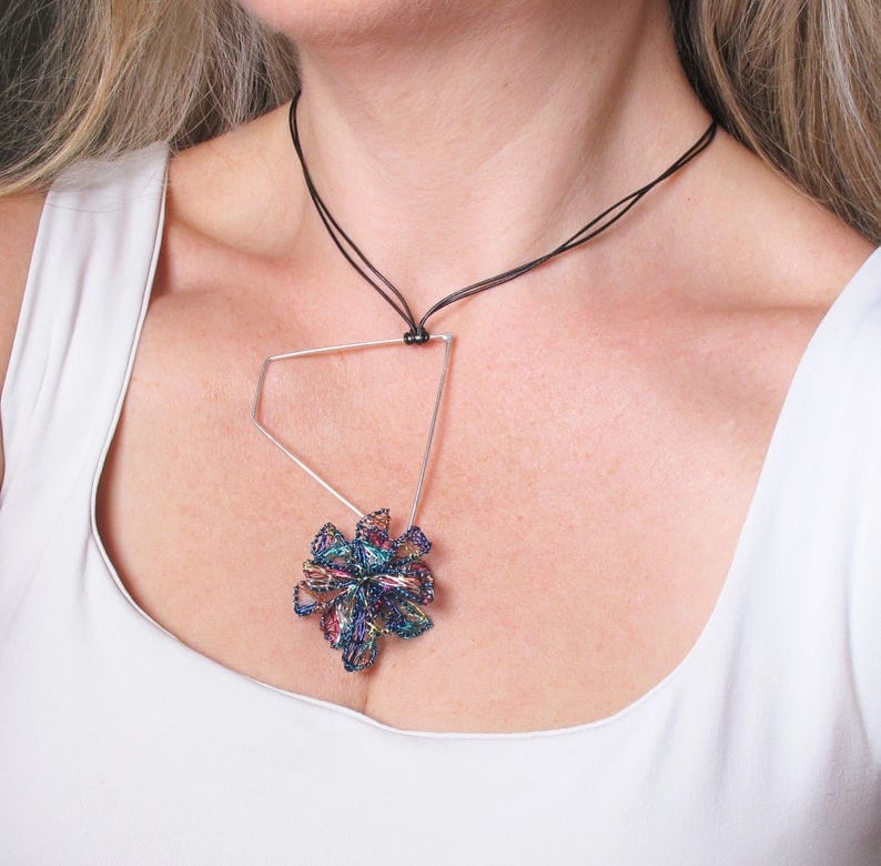 geometric flower, blue jewelry, one of a kind