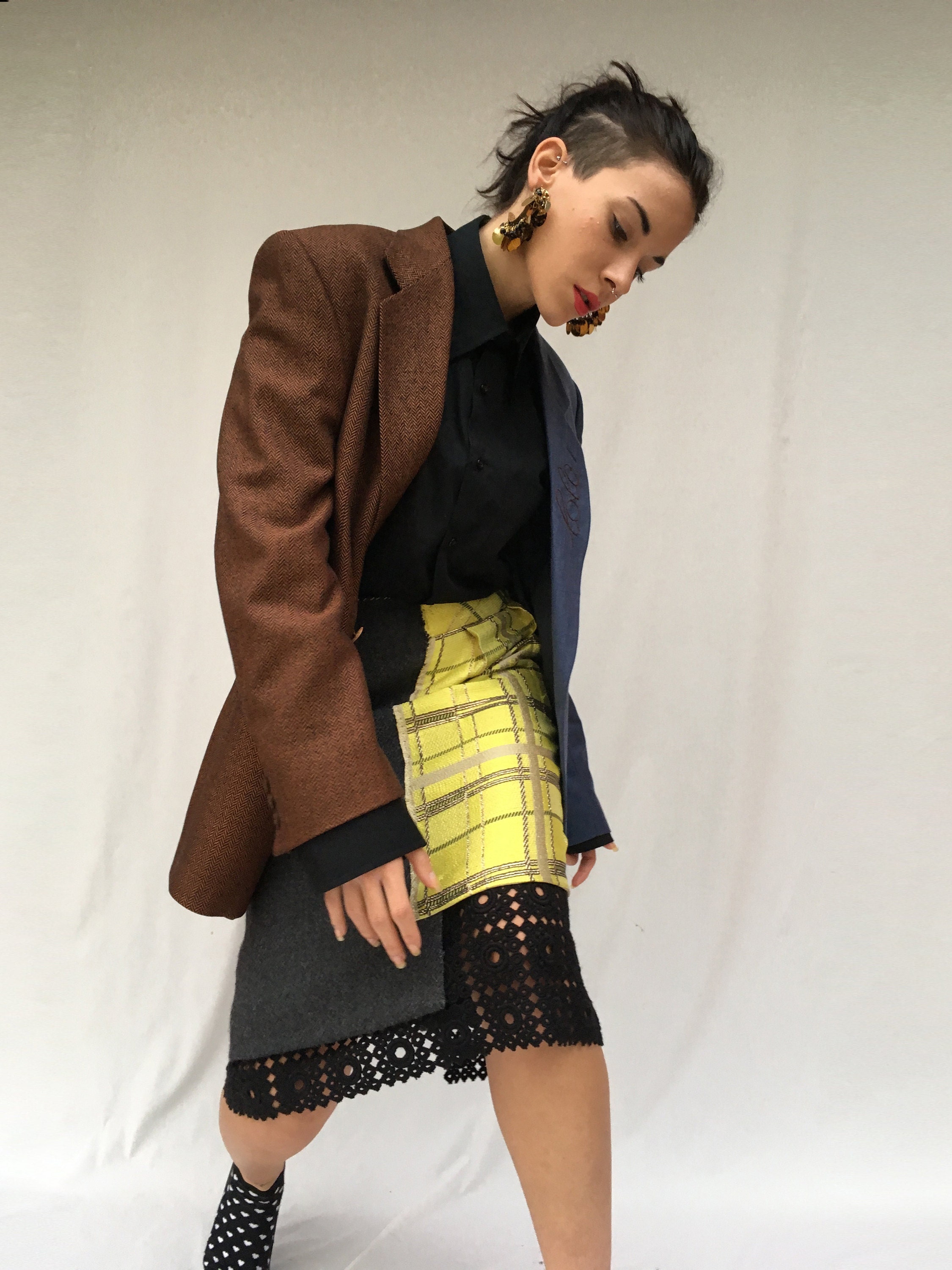 deconstructed skirt and jacket from selected vintage items. sustainability in the creative recovery of high quality waste clothing LOLA DARLING
