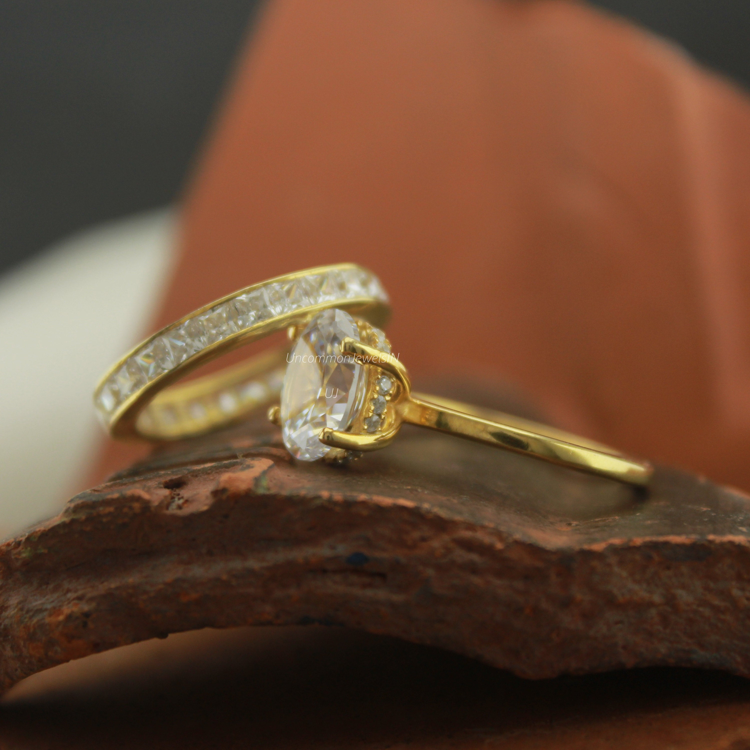 3.00ct Oval Cut Moissanite Ring Set, Wedding Bridal set, Channel set Princess Eternity Band, UncommonJewelsIN