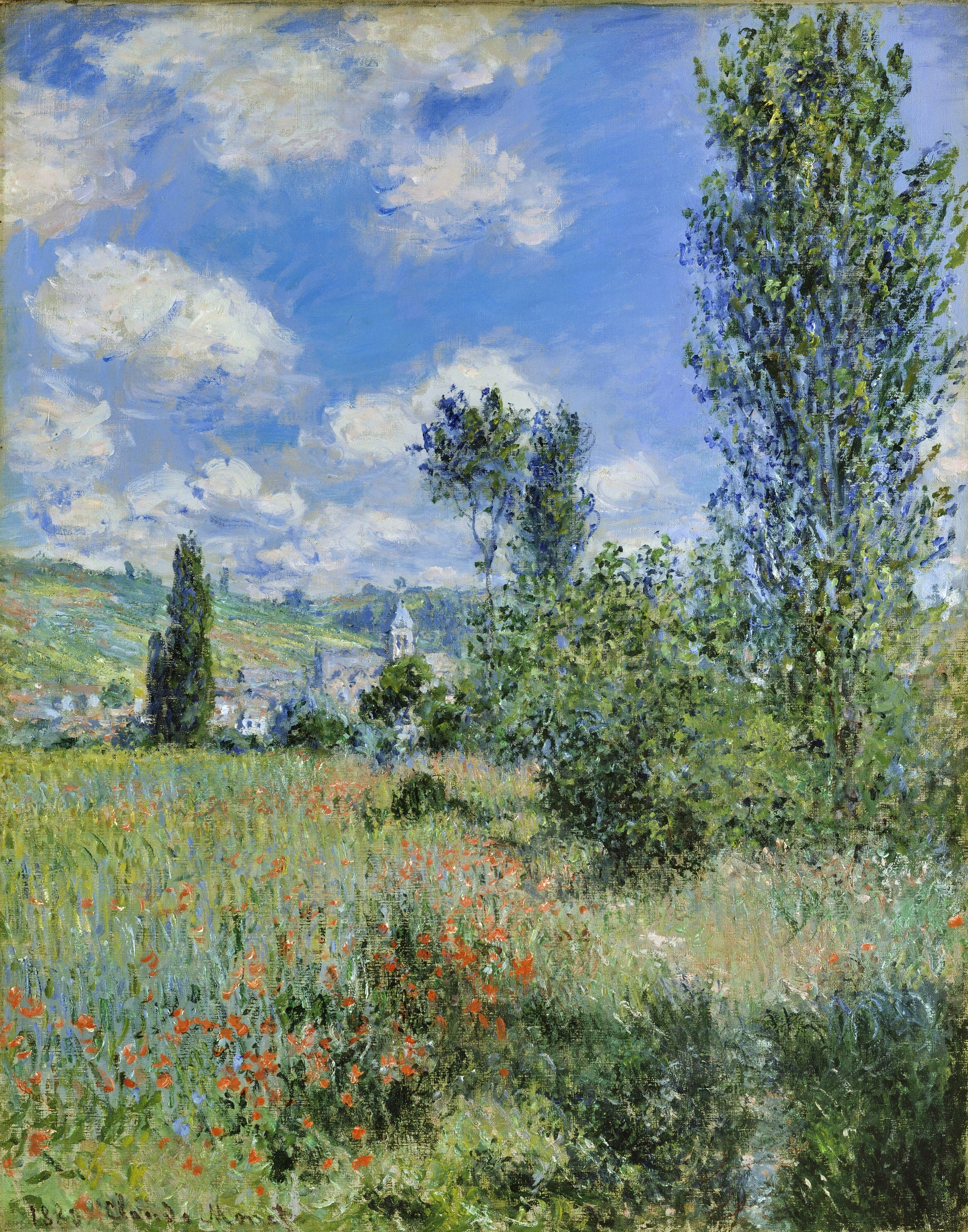 A painting of a village by the river with a church tower, poppy fields, and trees. The painting is done with bright and contrasting colors
